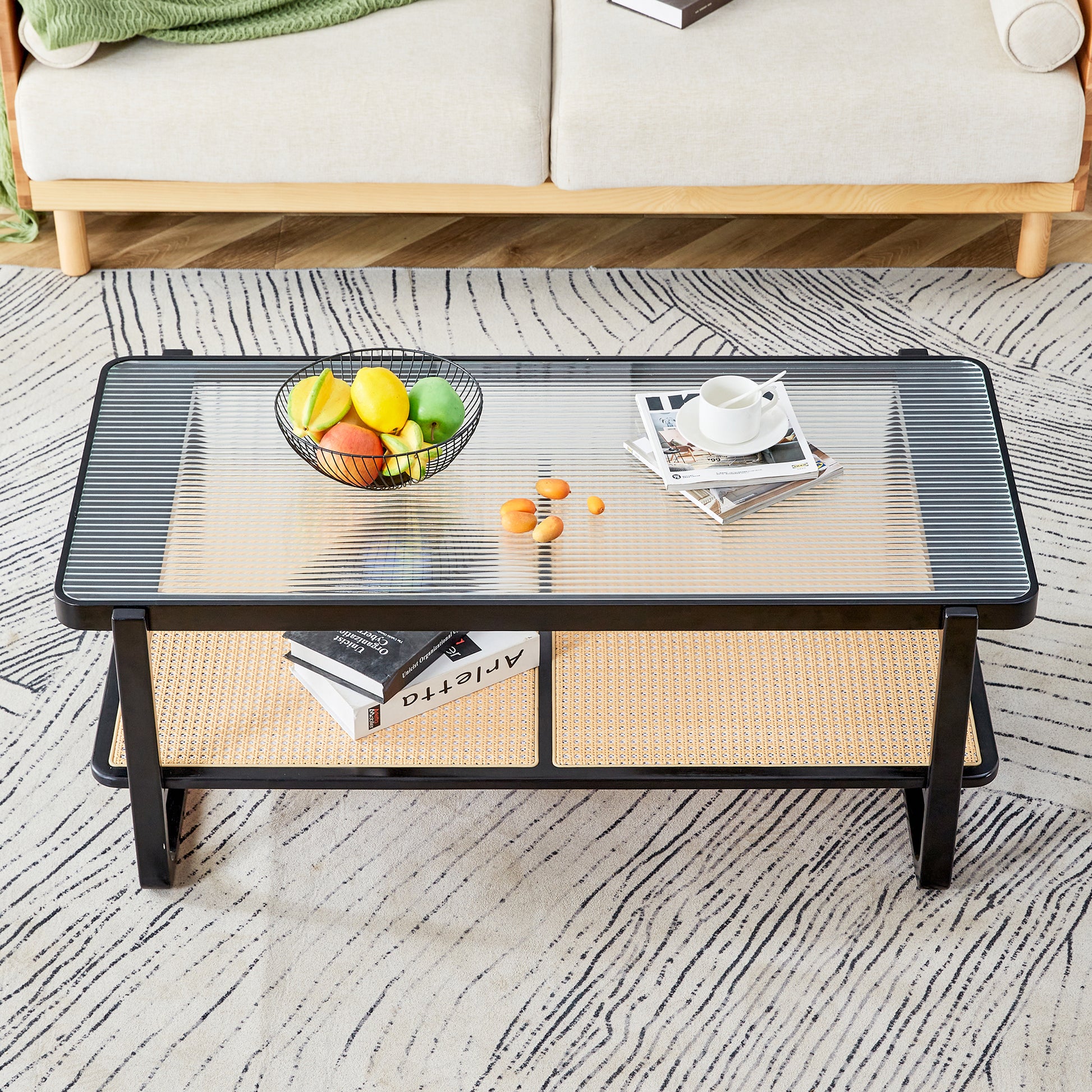 Modern Minimalist Rectangular Double Layer Black Solid Wood Imitation Rattan Coffee Table With A Chinese Style Side Table With Craft Glass Tabletop, Suitable For Living Rooms, Restaurants, Bedrooms Black Glass