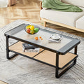 Modern Minimalist Rectangular Double Layer Black Solid Wood Imitation Rattan Coffee Table With A Chinese Style Side Table With Craft Glass Tabletop, Suitable For Living Rooms, Restaurants, Bedrooms Black Glass