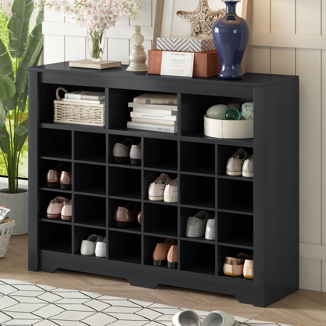 Sleek Design 24 Shoe Cubby Console, Modern Shoe Cabinet With Curved Base, Versatile Sideboard With High Quality For Hallway, Bedroom, Living Room, Black Freestanding Black Primary Living Space Particle Board