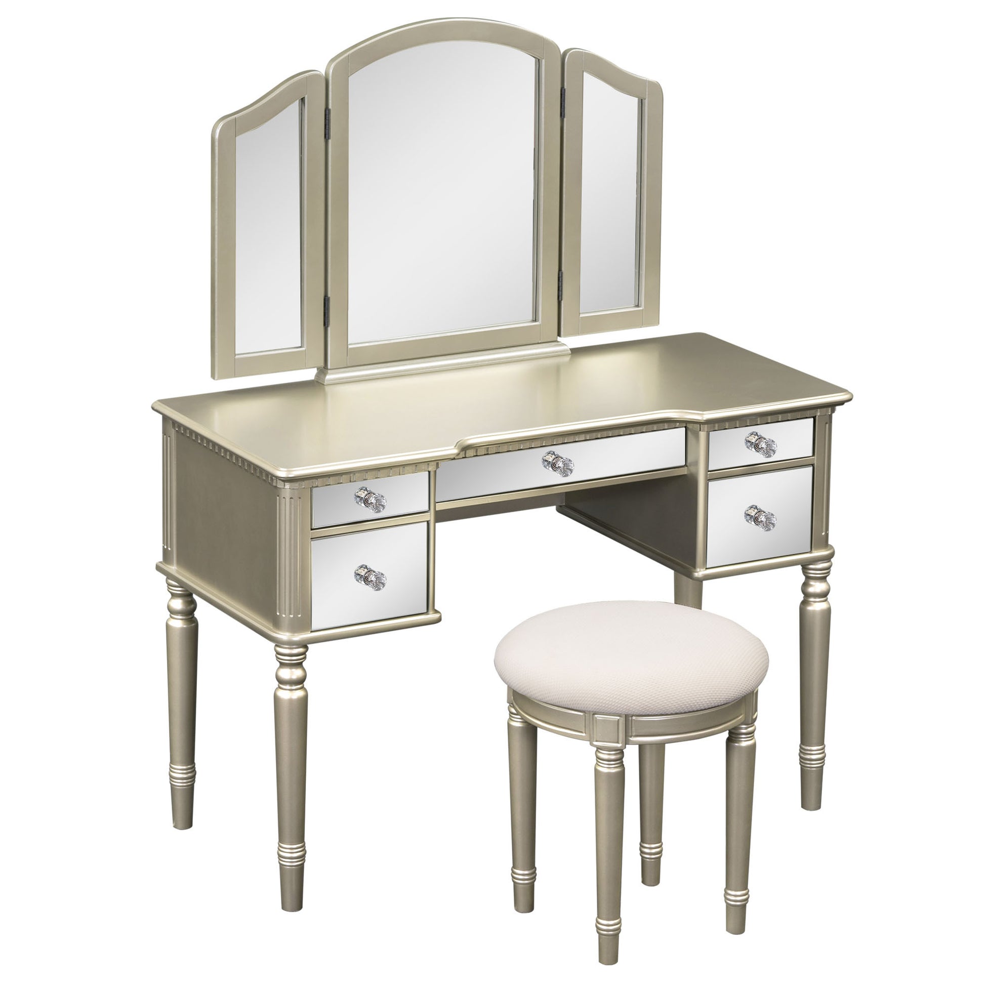 43" Dressing Table Set With Mirrored Drawers And Stool, Tri Fold Mirror, Makeup Vanity Set For Bedroom, Ld Gold Solid Wood Mdf