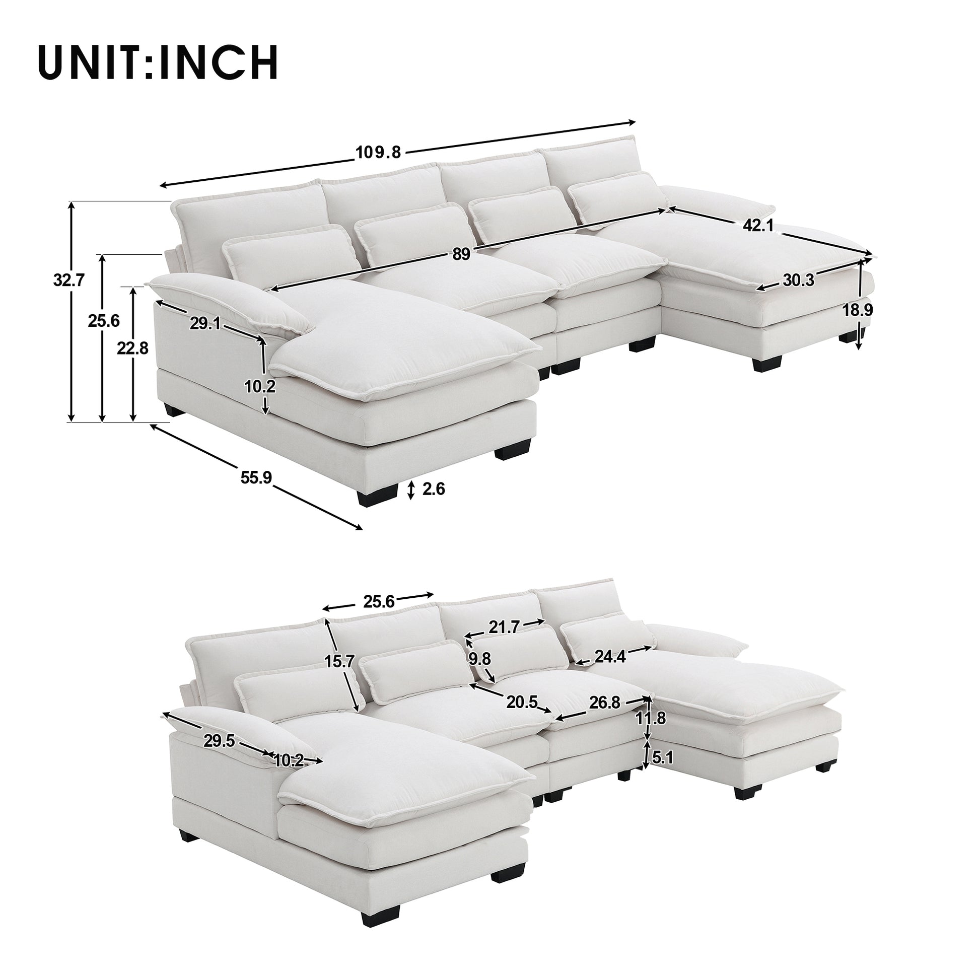 109.8*55.9" Modern U Shaped Sectional Sofa With Waist Pillows,6 Seat Upholstered Symmetrical Sofa Furniture,Sleeper Sofa Couch With Chaise Lounge For Living Room,Apartment,5 Color White Chenille 6 Seat