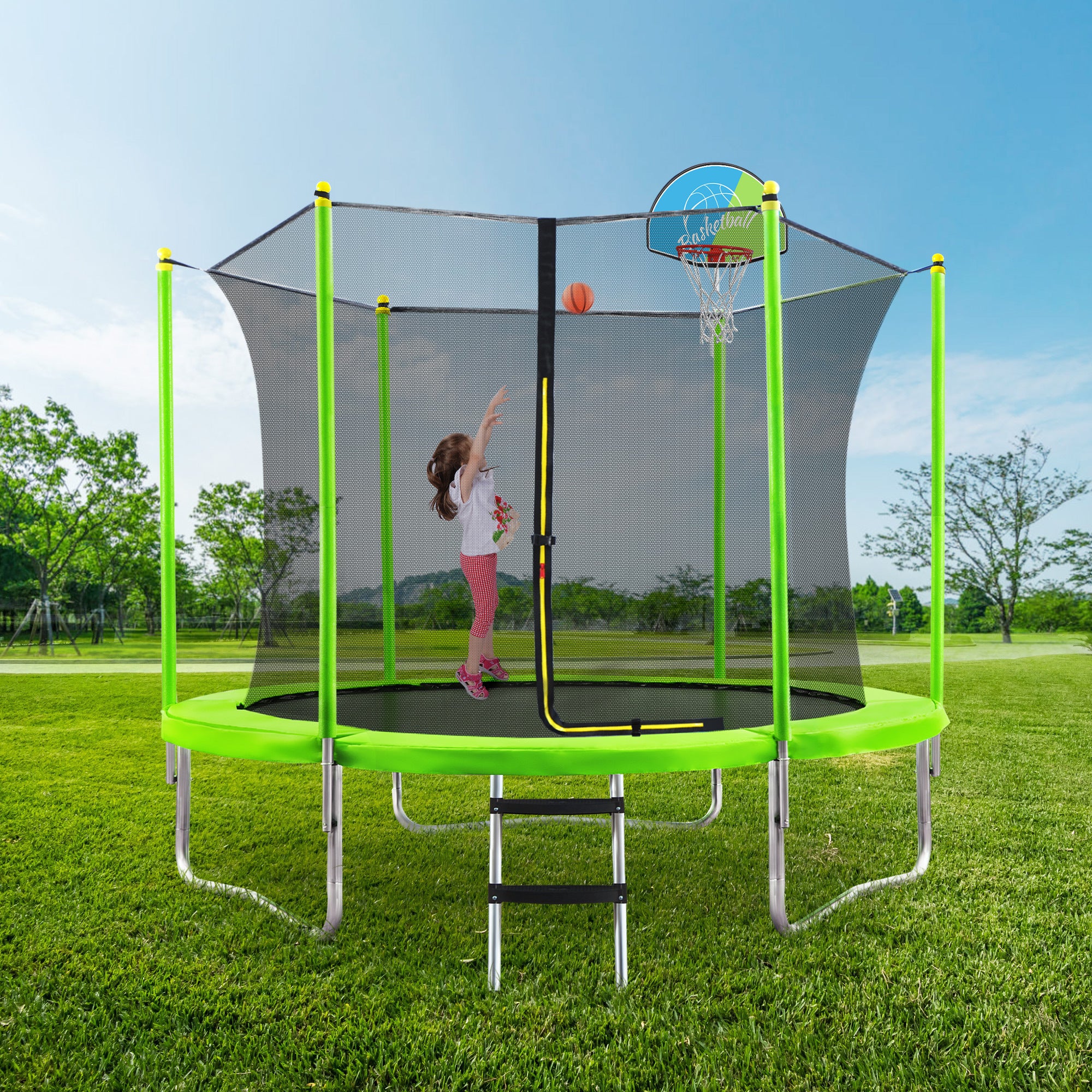 10Ft Trampoline For Kids With Safety Enclosure Net, Basketball Hoop And Ladder, Easy Assembly Round Outdoor Recreational Trampoline Green Metal