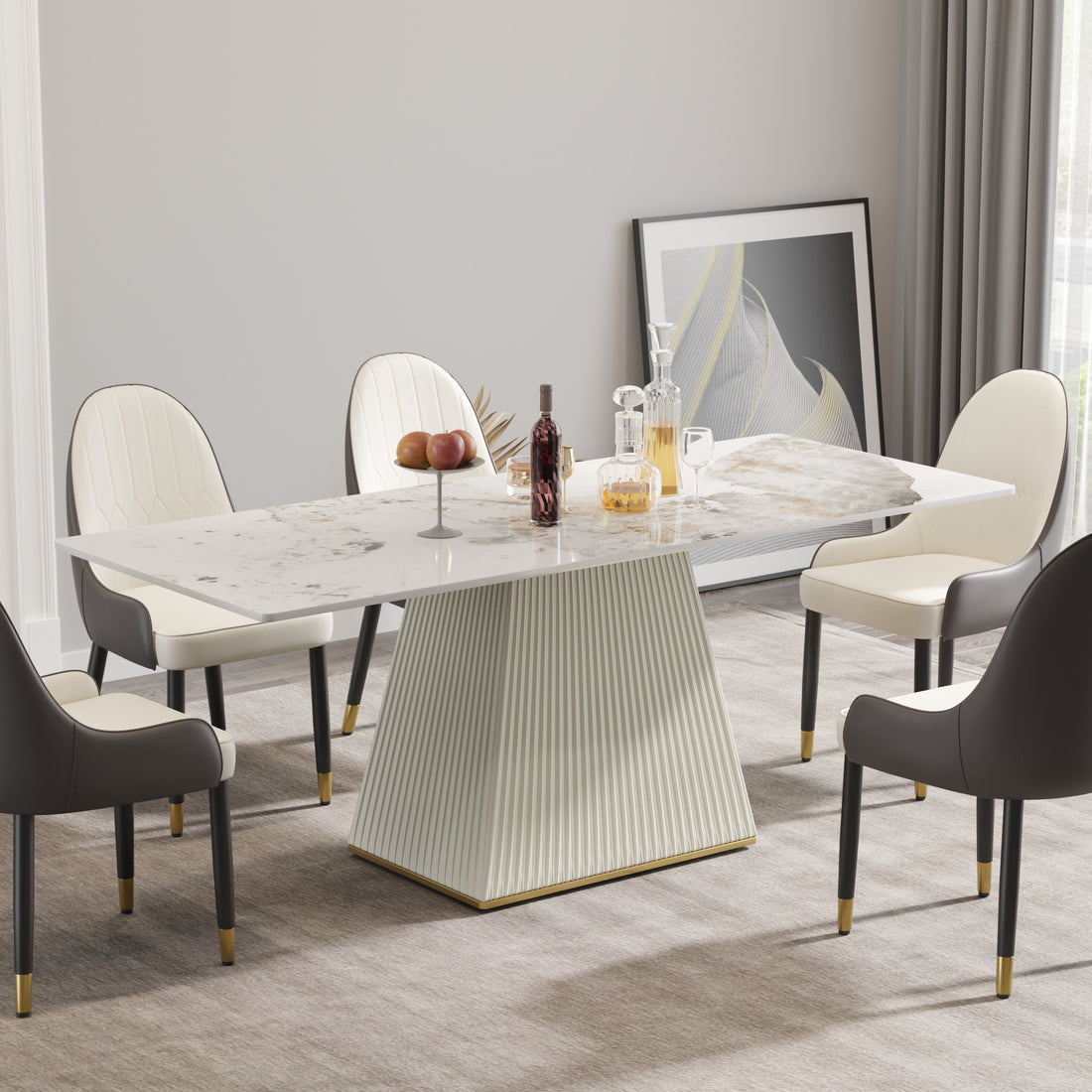 78.74" Modern Artificial Stone Pandora Straight Side Panel Beige Pu Plywood Table Legs Can Accommodate 8 People. White Dining Room Plywood Sintered Stone