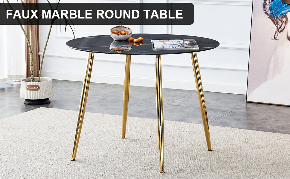 A Modern Minimalist Circular Dining Table With A Diameter Of 40 Inches, A 0.3 Inch Thick Black Imitation Marble Tabletop And Gold Plated Metal Legs, 40 '' * 40 '' * 30'' Dt 1164 Black Glass