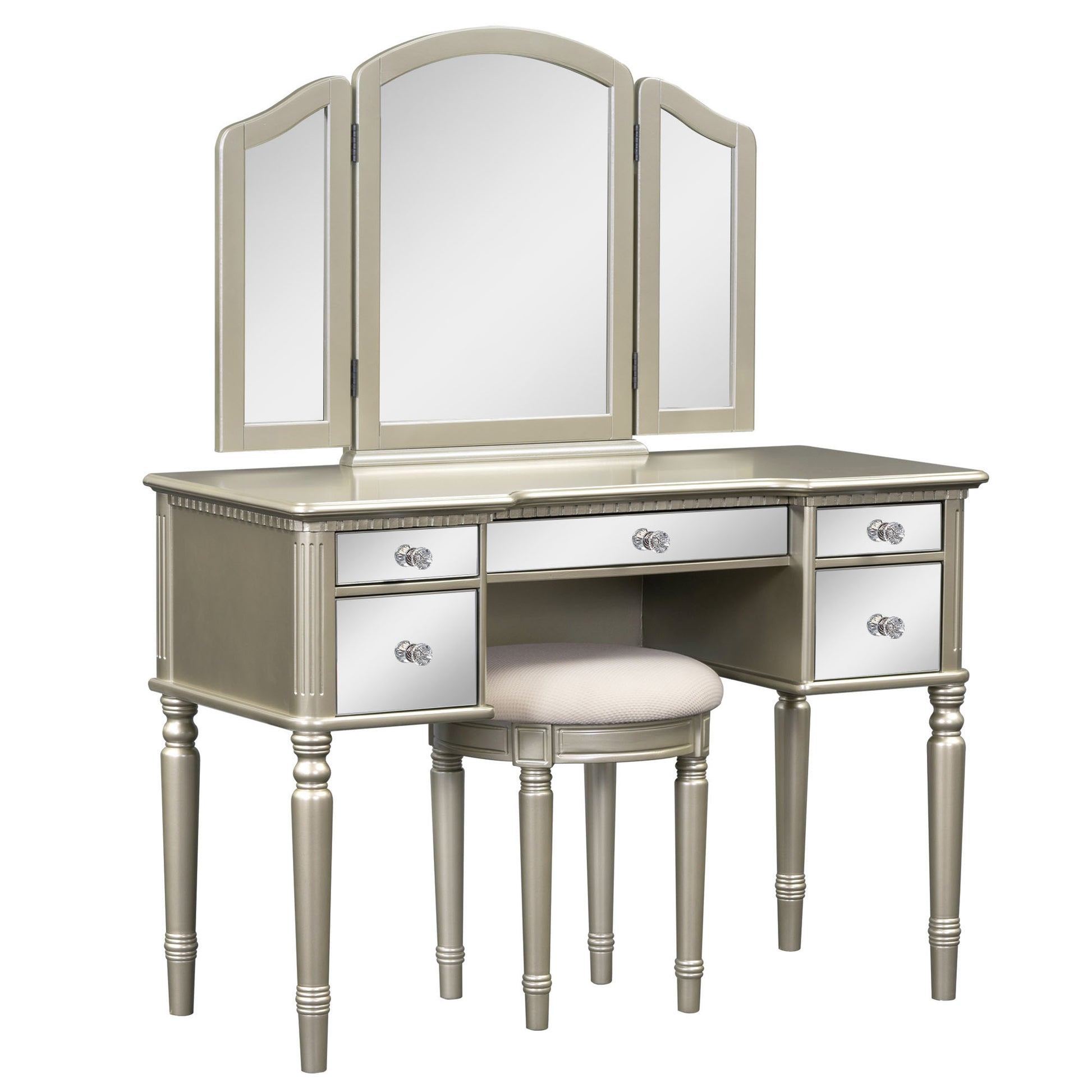 43" Dressing Table Set With Mirrored Drawers And Stool, Tri Fold Mirror, Makeup Vanity Set For Bedroom, Ld Gold Solid Wood Mdf