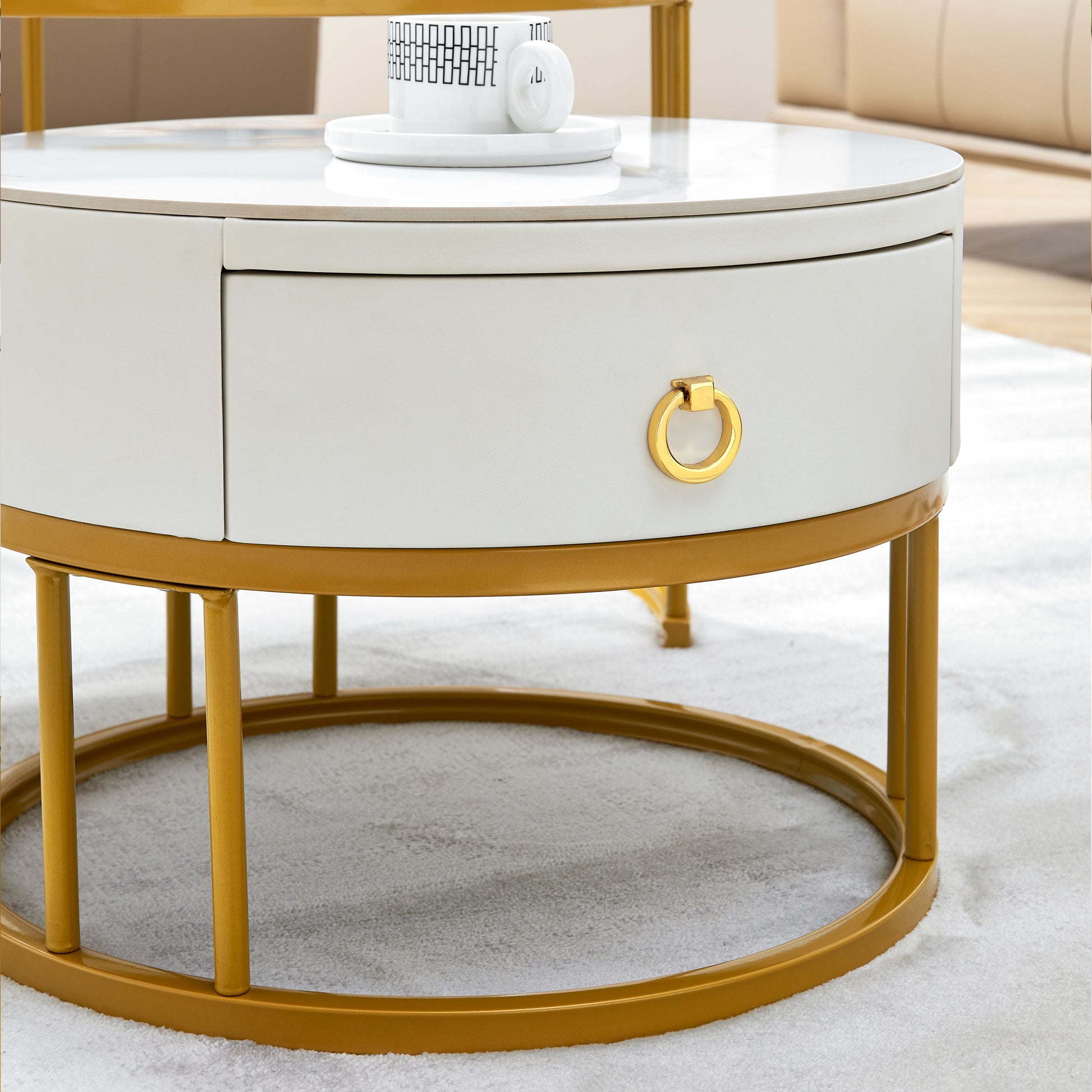 Coffee Table Nesting Set Of 2, Circular Sintered Stone Marble Entable, For Living Room Bedroom Apartment Modern Industrial Simple Nightstand Gold Gold Steel