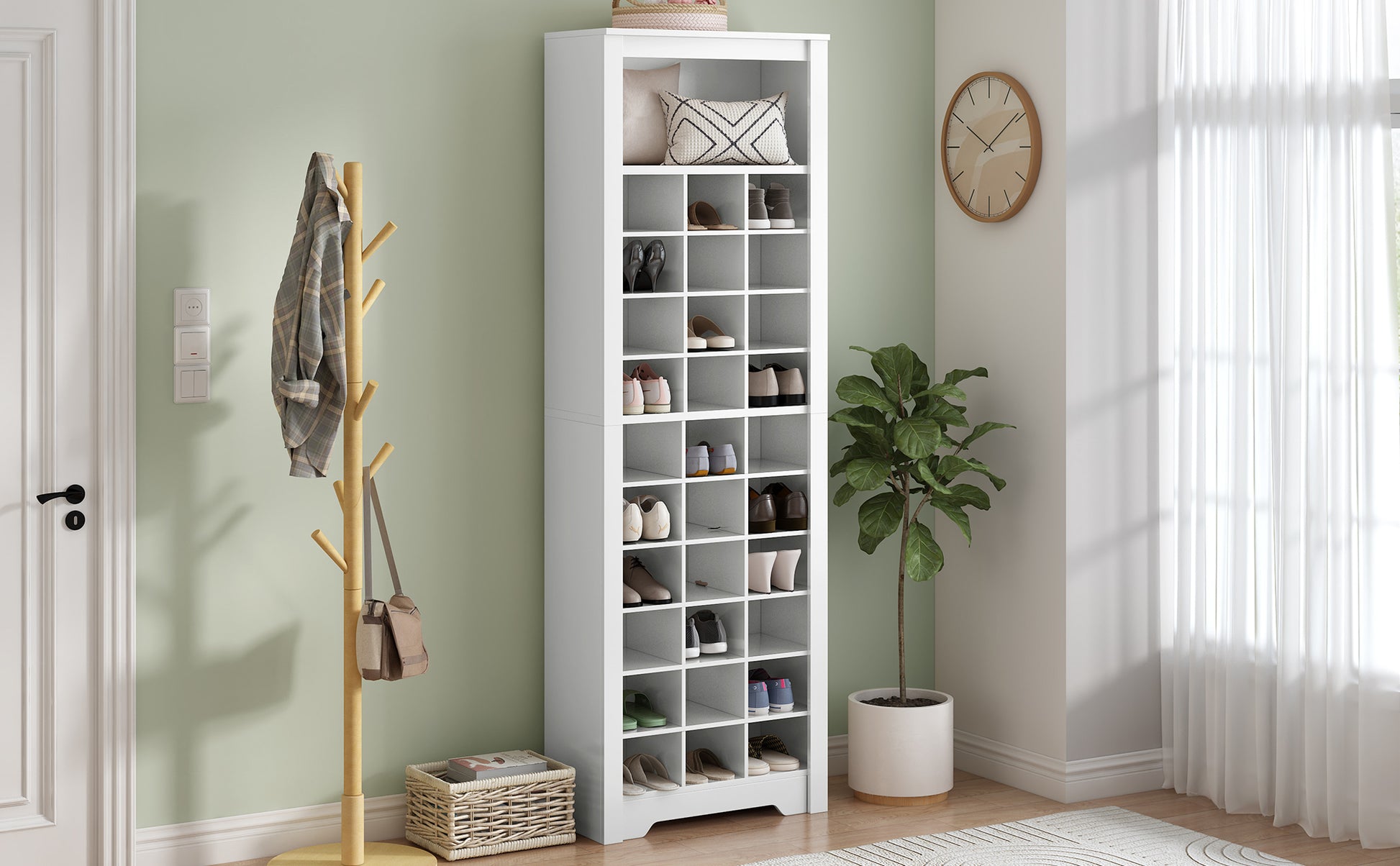 Stylish Design 30 Shoe Cubby Console, Contemporary Shoe Cabinet With Multiple Storage Capacity, Free Standing Tall Cabinet With Versatile Use For Hallway, Bedroom, White Filing Cabinets White Primary Living Space Particle Board