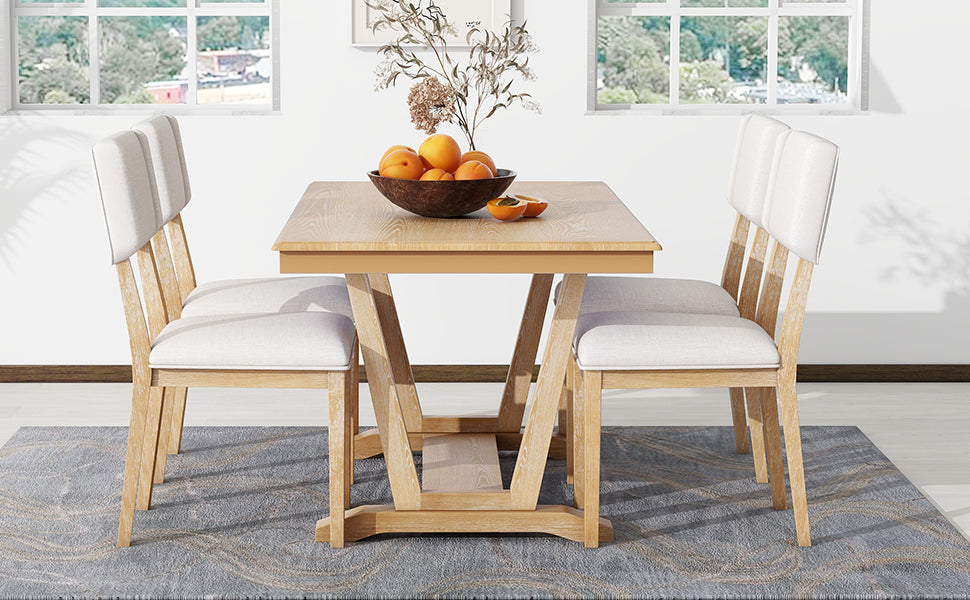 Rustic 5 Piece Dining Table Set With 4 Upholstered Chairs, 59 Inch Rec