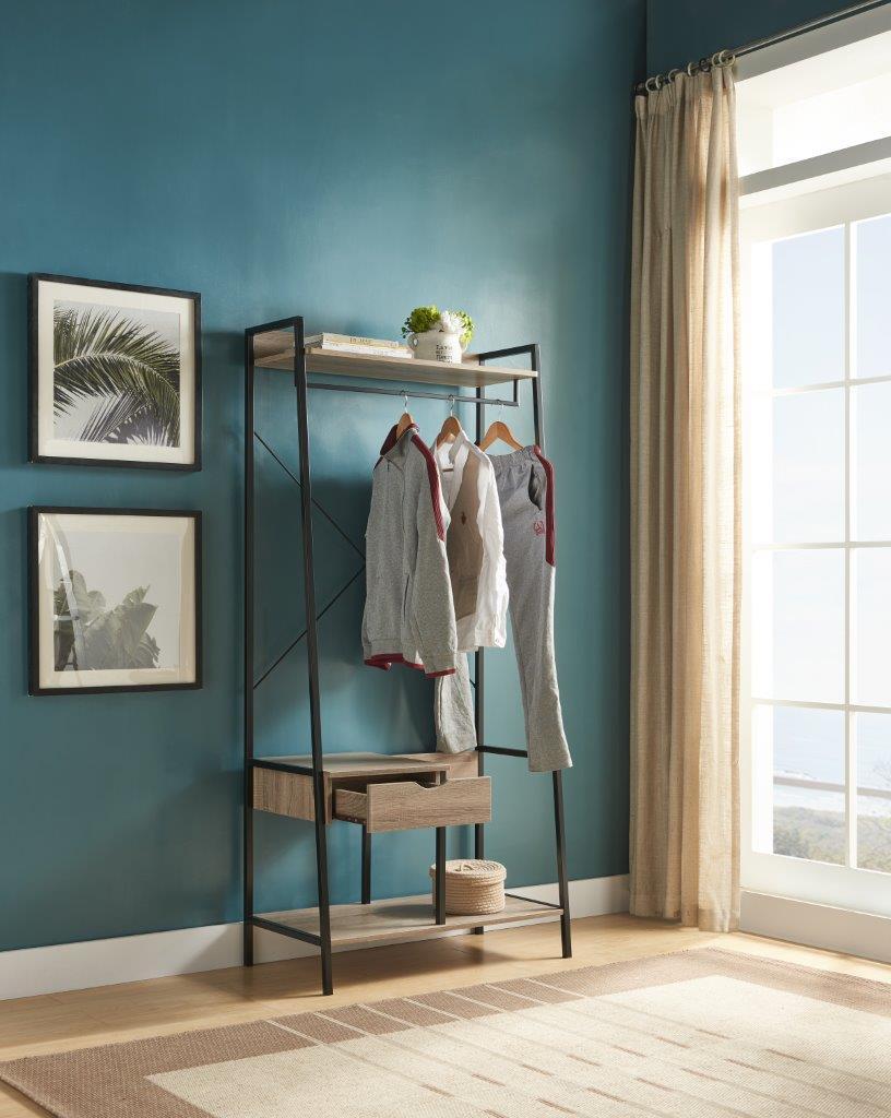 Metal Clothes Rack Open Wardrobe Free Standing With One Drawer Hanging Clothes Rod Brown & Black Metal Black Taupe Particle Board