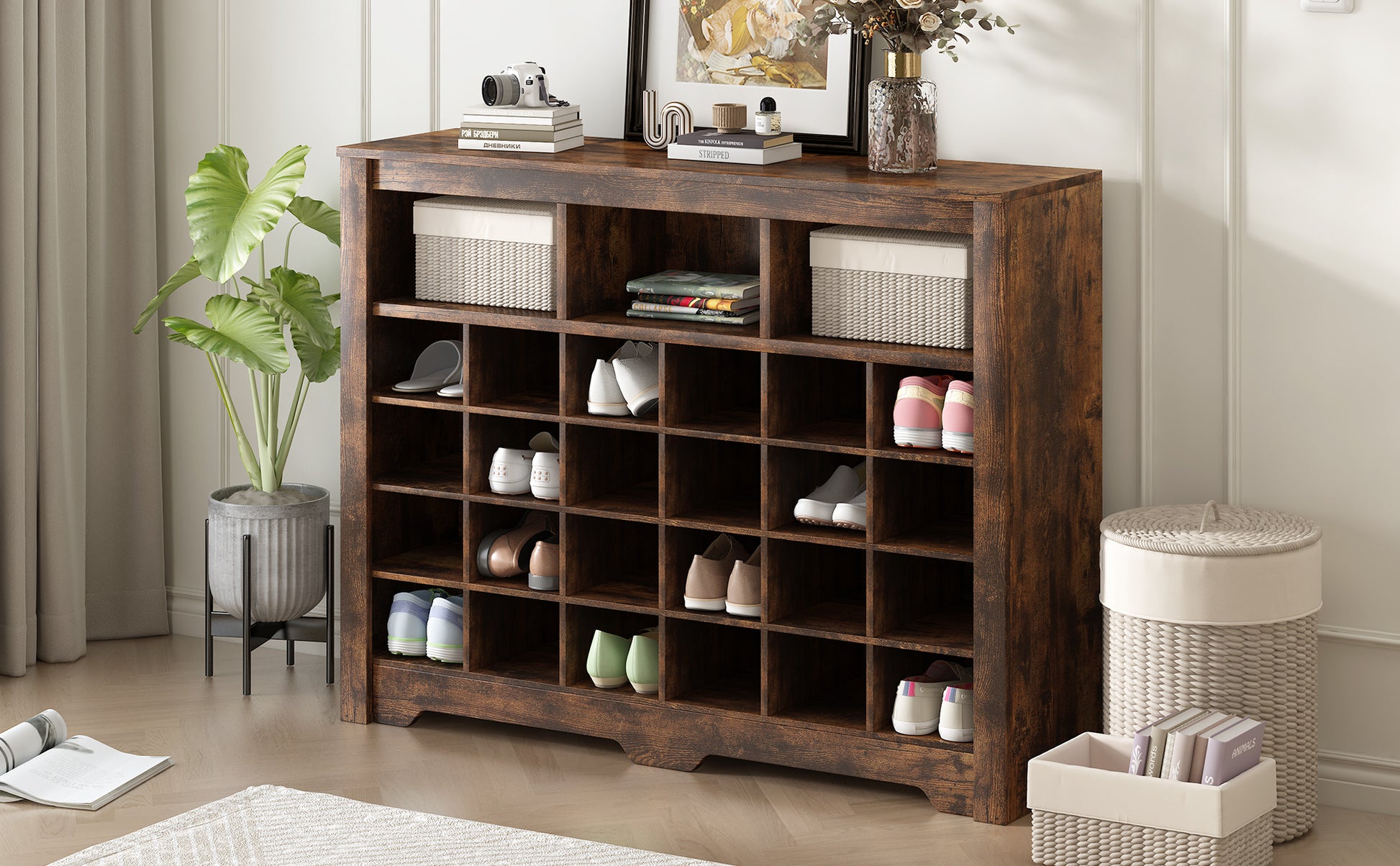 Sleek Design 24 Shoe Cubby Console, Modern Shoe Cabinet With Curved Base, Versatile Sideboard With High Quality For Hallway, Bedroom, Living Room, Rustic Brown Freestanding Rustic Brown Primary Living Space Particle Board