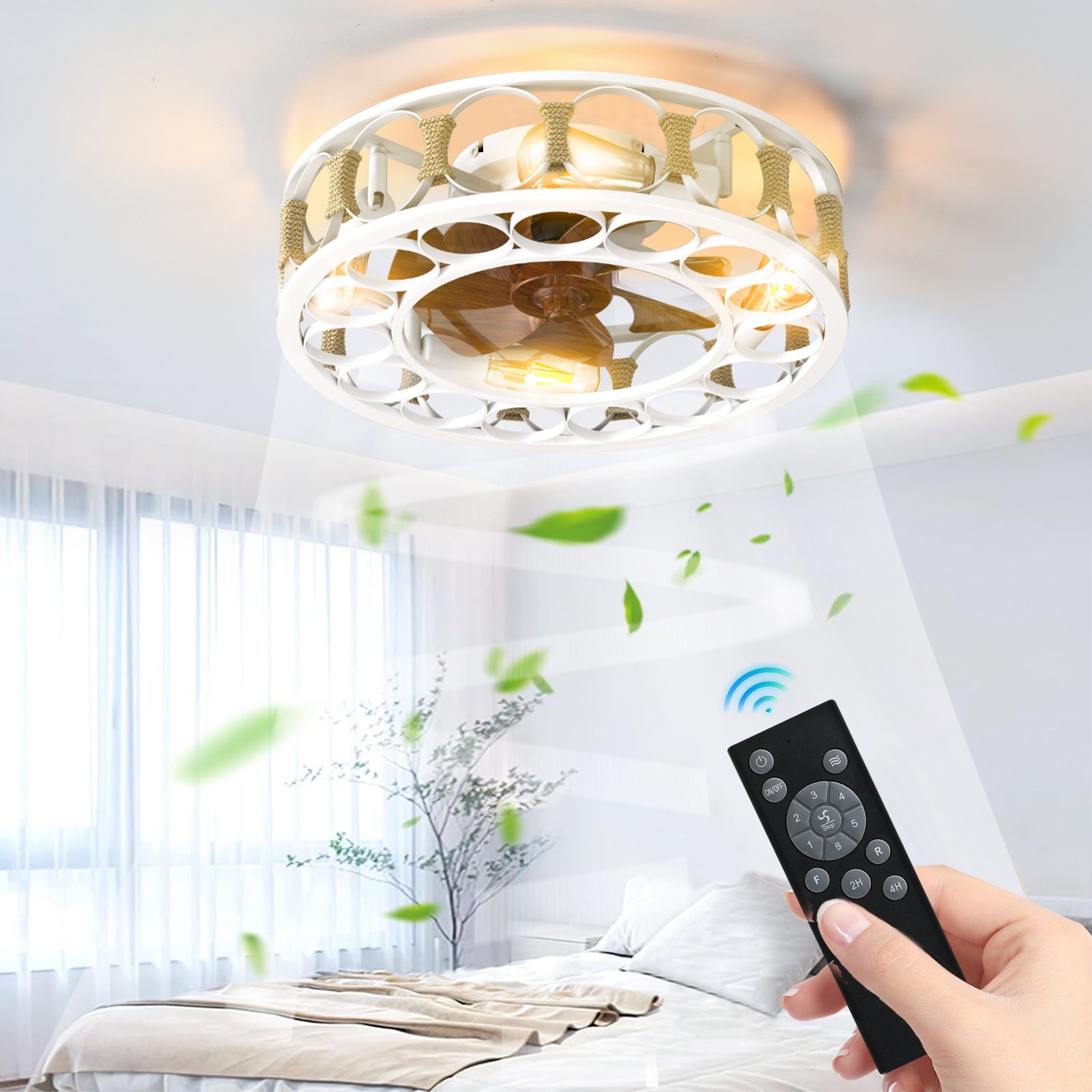 Caged Ceiling Fan With Lights Remote Control,Semi Embedded Modern Ceiling Fans, 6 Speeds Reversible Blades, 4 Led Bulbs Include White White Modern Abs Iron