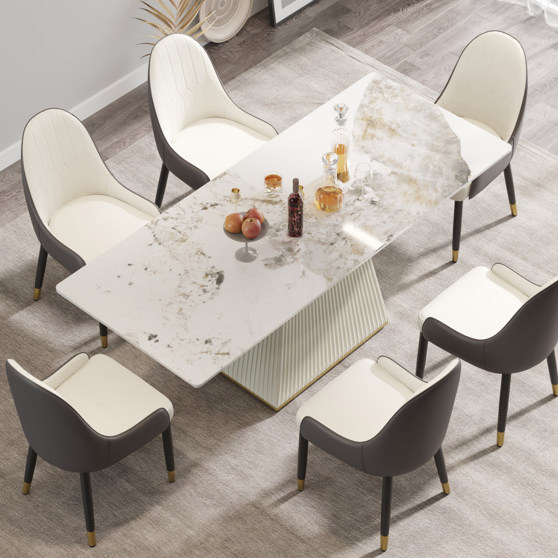 78.74" Modern Artificial Stone Pandora Straight Side Panel Beige Pu Plywood Table Legs Can Accommodate 8 People. White Dining Room Plywood Sintered Stone