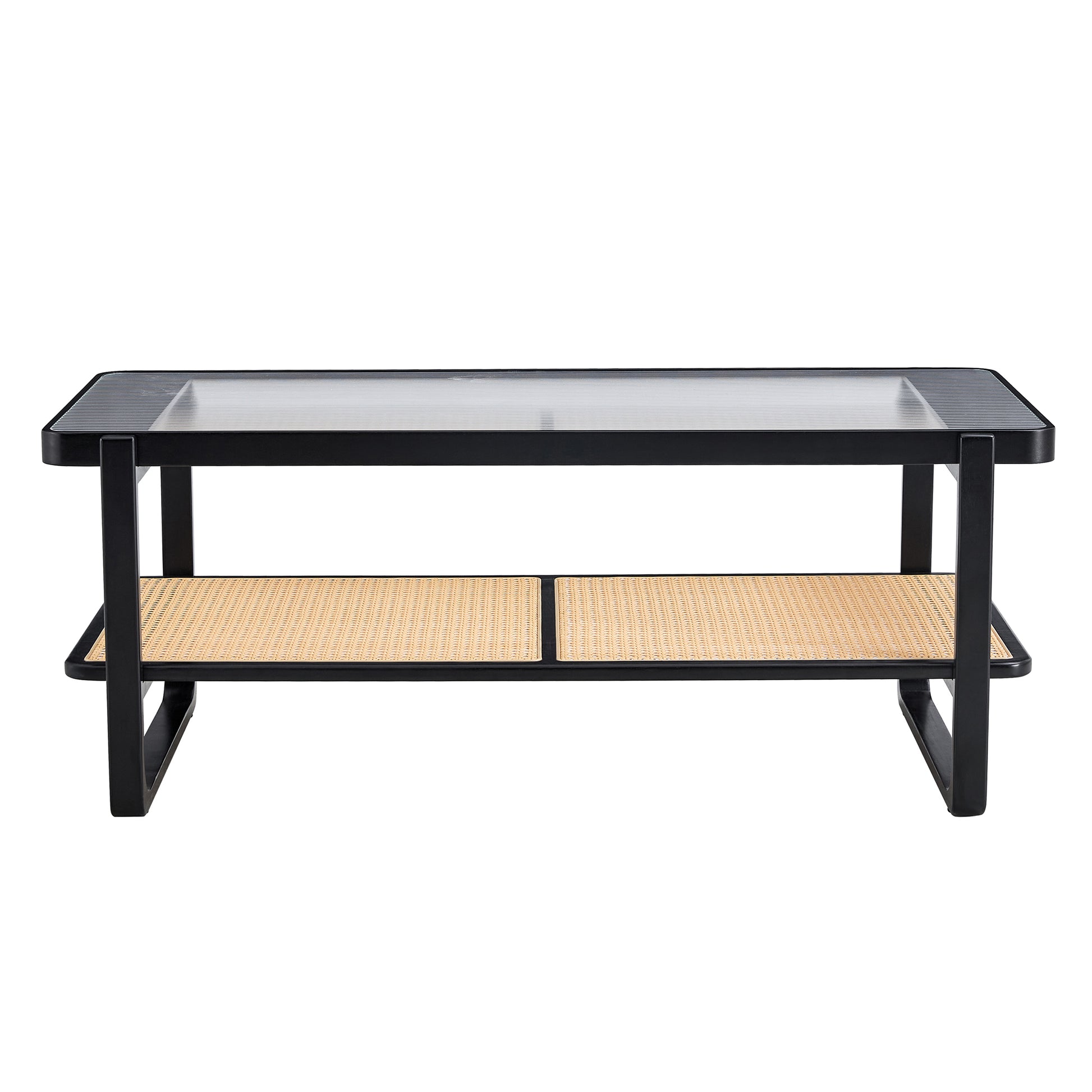 Modern Minimalist Rectangular Double Layer Black Solid Wood Imitation Rattan Coffee Table With A Chinese Style Side Table With Craft Glass Tabletop, Suitable For Living Rooms, Restaurants, Bedrooms Black Glass