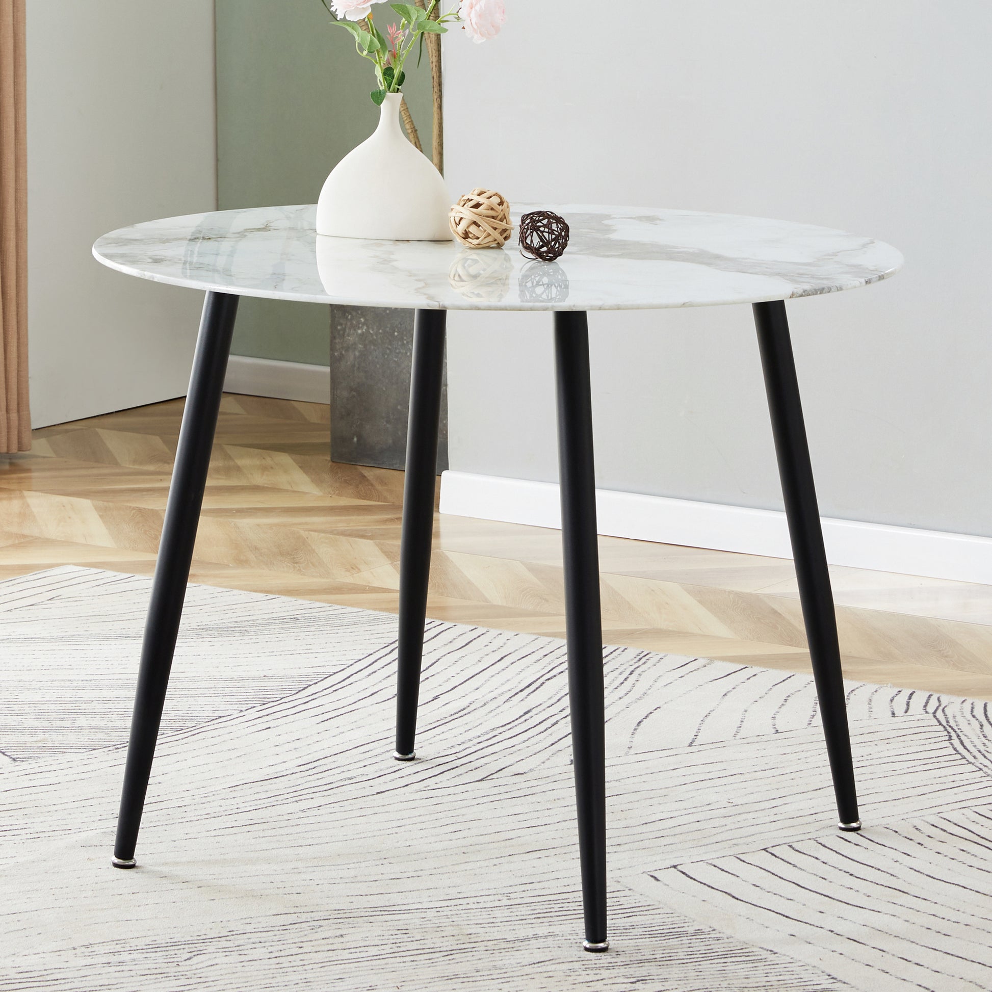 A Modern Minimalist Circular Dining Table With A Diameter Of 40 Inches, A 0.3 Inch Thick Imitation Marble Pattern Tabletop And Black Metal Legs 40 '* 40' * 30 'Dt 1164 White Glass