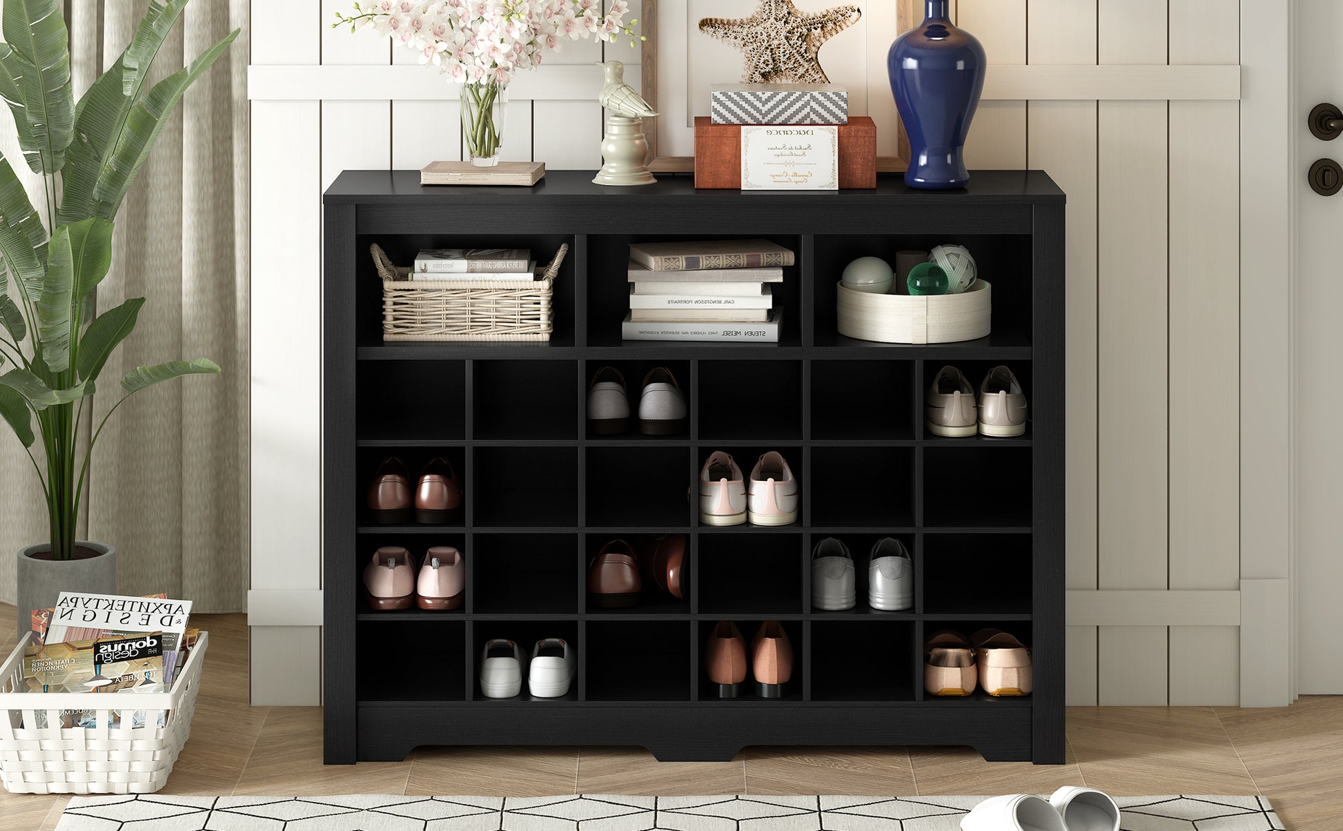 Sleek Design 24 Shoe Cubby Console, Modern Shoe Cabinet With Curved Base, Versatile Sideboard With High Quality For Hallway, Bedroom, Living Room, Black Freestanding Black Primary Living Space Particle Board