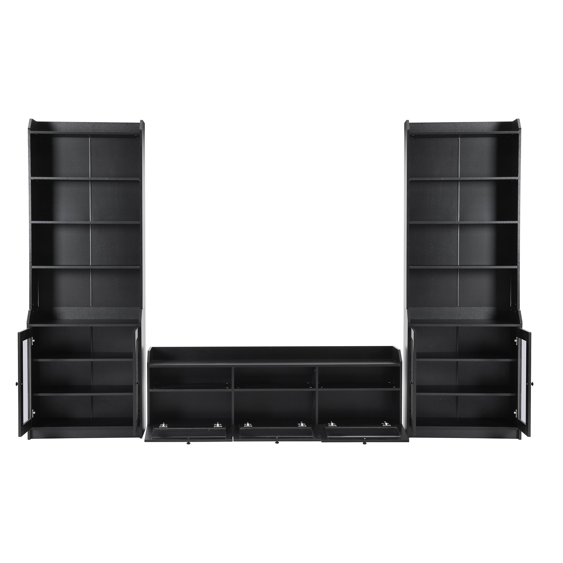 Chic Elegant Entertainment Wall Unit With Tall Cabinets, Modern Tv Console Table For Tvs Up To 65", Multifunctional Tv Stand Set With Acrylic Board Door, Black Black Primary Living Space 60 69 Inches 60 69 Inches 65 Inches Particle Board