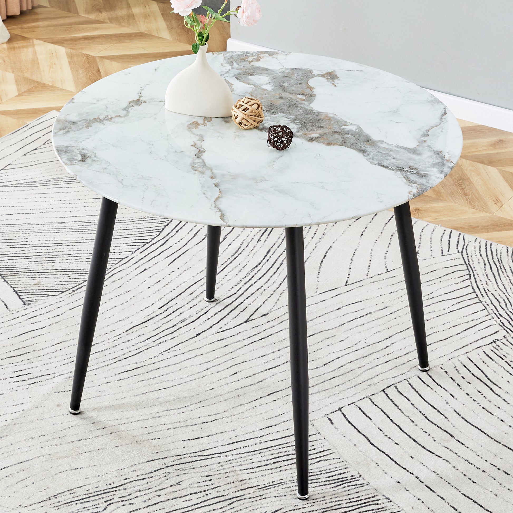 A Modern Minimalist Circular Dining Table With A Diameter Of 40 Inches, A 0.3 Inch Thick Imitation Marble Pattern Tabletop And Black Metal Legs 40 '* 40' * 30 'Dt 1164 White Glass