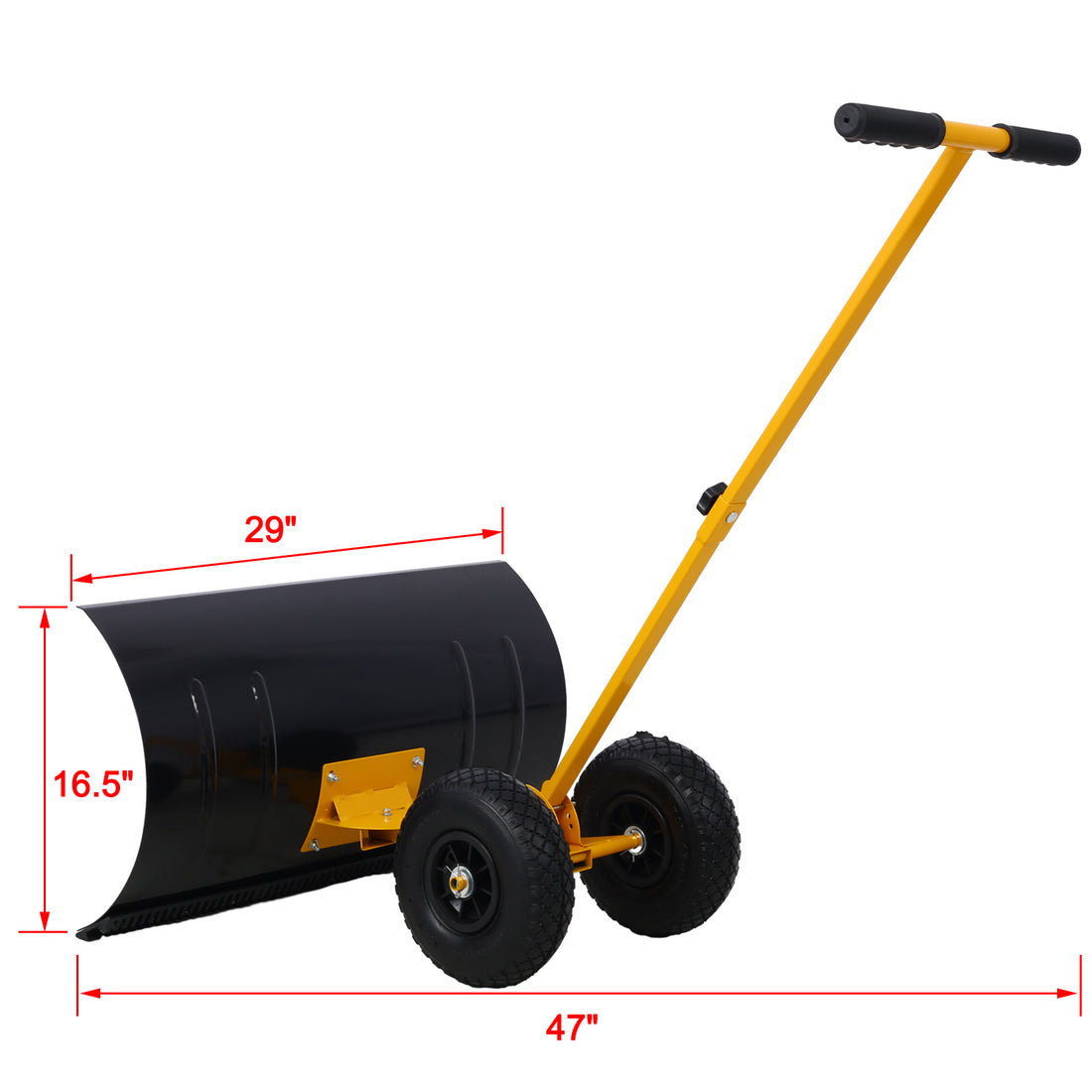 Snow Shovel With Wheels, Snow Pusher, Cushioned Adjustable Angle Handle Snow Removal Tool, 29" Blade, 10" Wheels,Yellow Color Yellow Sheet Metal