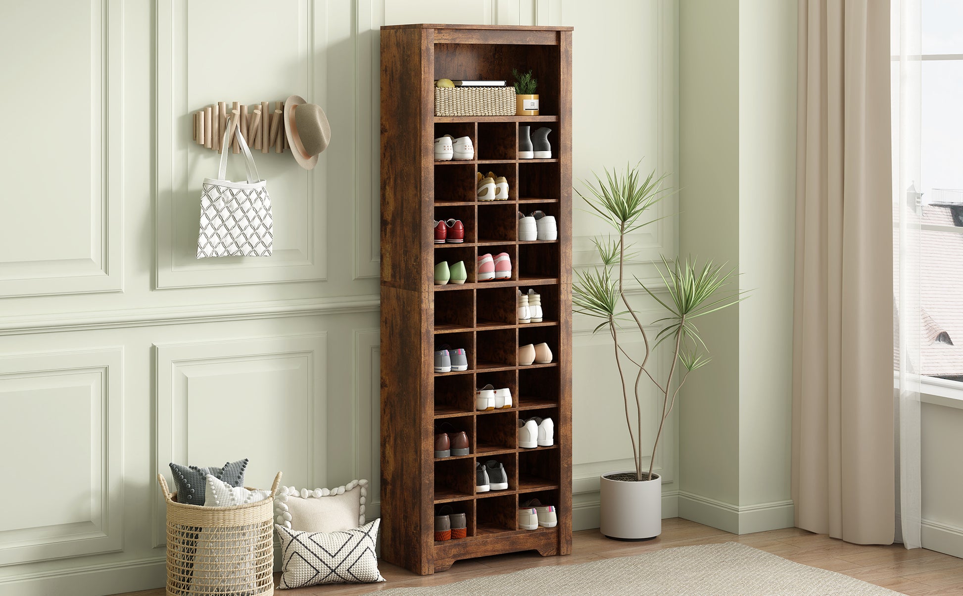 Stylish Design 30 Shoe Cubby Console, Contemporary Shoe Cabinet With Multiple Storage Capacity, Free Standing Tall Cabinet With Versatile Use For Hallway, Bedroom, Rustic Brown Filing Cabinets Rustic Brown Primary Living Space Particle Board