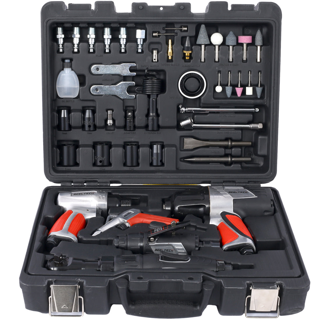 44 Piece Professional Air Tool Accessory Kit Impact Wrench, Air Ratchet, Die Grinder, Blow Gun, Air Hammer, Dual Air Chuck, Tire Gauge, And Accessories Red Metal
