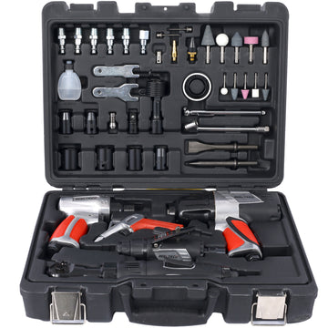 44 Piece Professional Air Tool Accessory Kit Impact Wrench, Air Ratchet, Die Grinder, Blow Gun, Air Hammer, Dual Air Chuck, Tire Gauge, And Accessories Red Metal