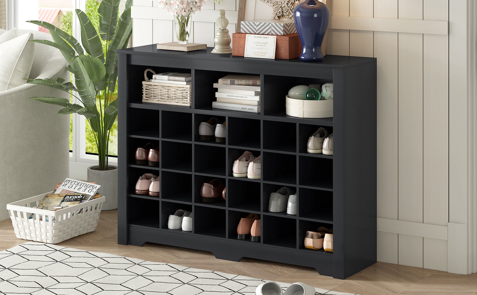 Sleek Design 24 Shoe Cubby Console, Modern Shoe Cabinet With Curved Base, Versatile Sideboard With High Quality For Hallway, Bedroom, Living Room, Black Freestanding Black Primary Living Space Particle Board