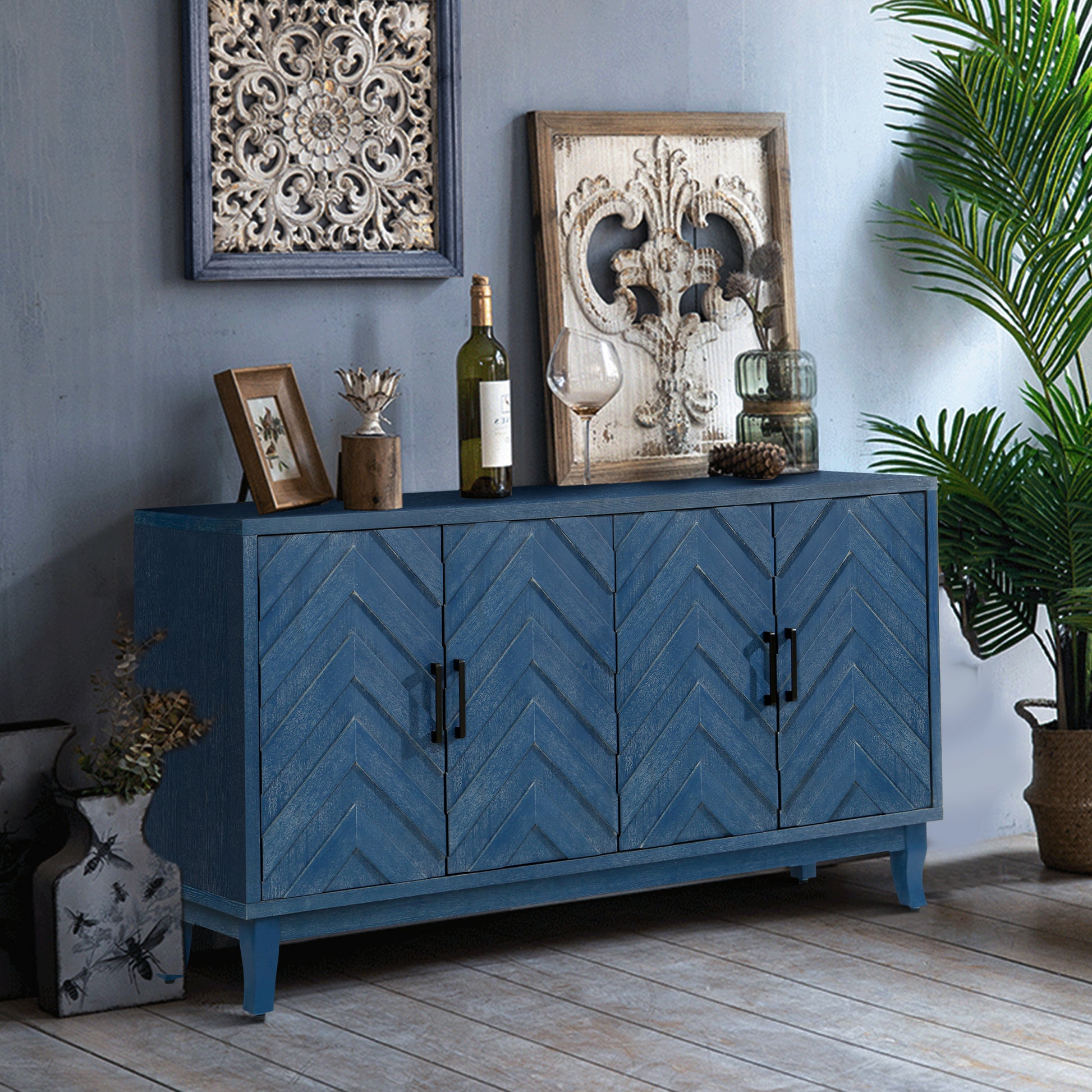 Stronger Vintage Style Buffet Cabinet, Lacquered Accent Storage 4 Door Wooden Antique Navy Blue Mdf Solid Wood Mdf