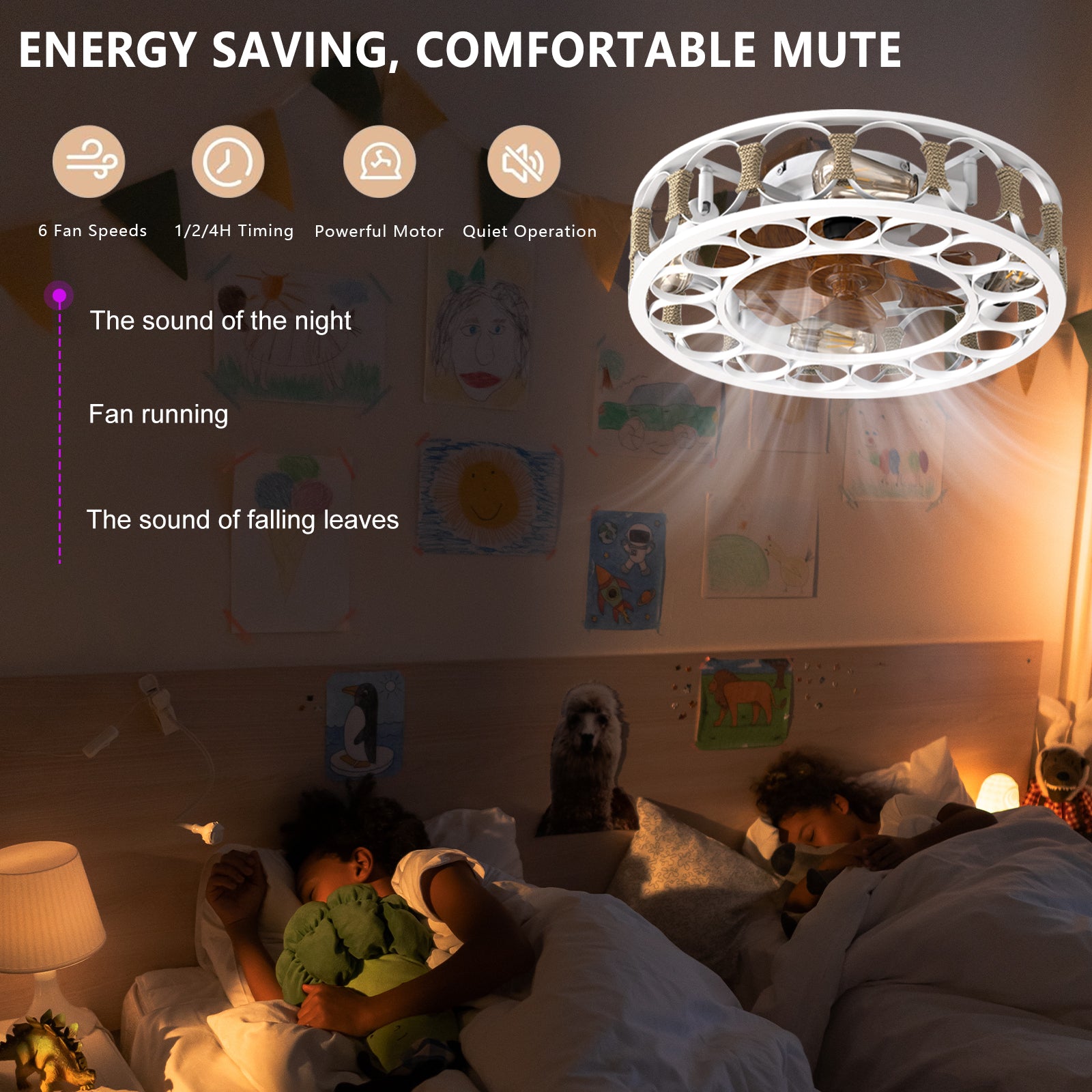 Caged Ceiling Fan With Lights Remote Control,Semi Embedded Modern Ceiling Fans, 6 Speeds Reversible Blades, 4 Led Bulbs Include White White Modern Abs Iron