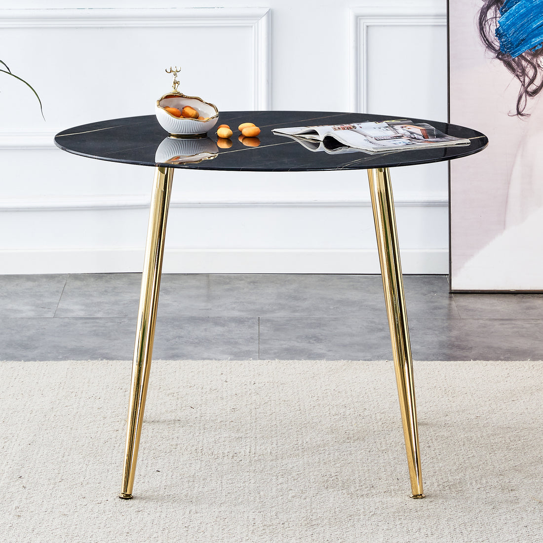 A Modern Minimalist Circular Dining Table With A Diameter Of 40 Inches, A 0.3 Inch Thick Black Imitation Marble Tabletop And Gold Plated Metal Legs, 40 '' * 40 '' * 30'' Dt 1164 Black Glass