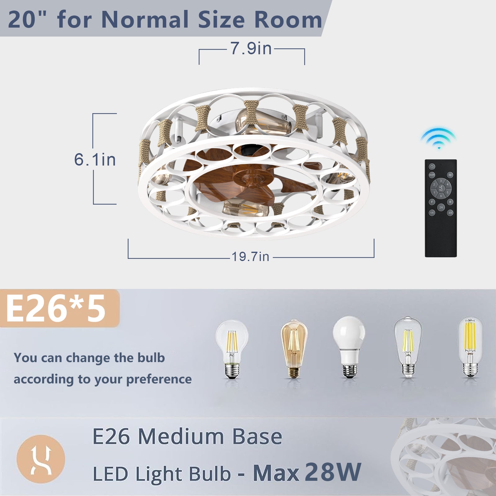 Caged Ceiling Fan With Lights Remote Control,Semi Embedded Modern Ceiling Fans, 6 Speeds Reversible Blades, 4 Led Bulbs Include White White Modern Abs Iron