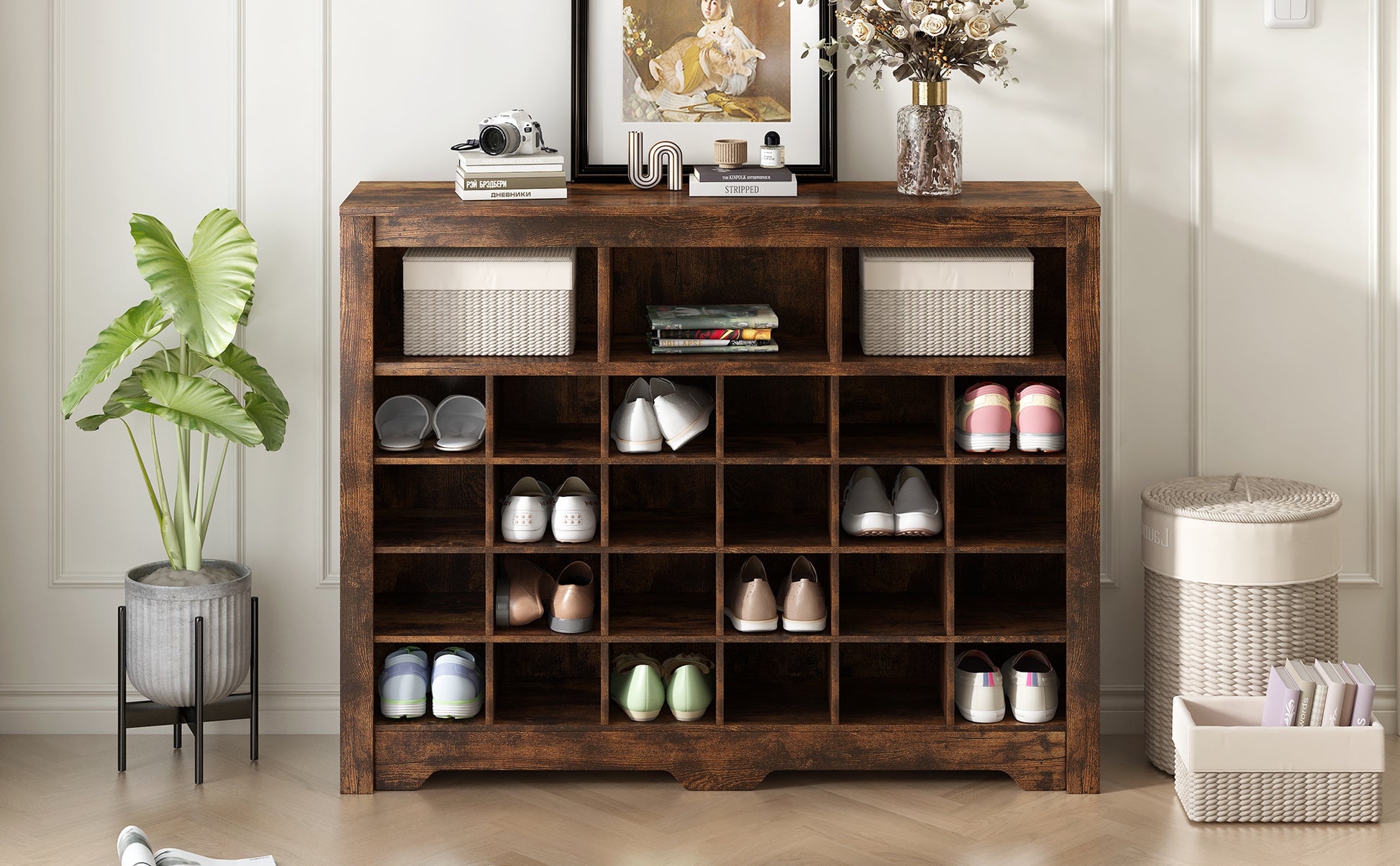 Sleek Design 24 Shoe Cubby Console, Modern Shoe Cabinet With Curved Base, Versatile Sideboard With High Quality For Hallway, Bedroom, Living Room, Rustic Brown Freestanding Rustic Brown Primary Living Space Particle Board