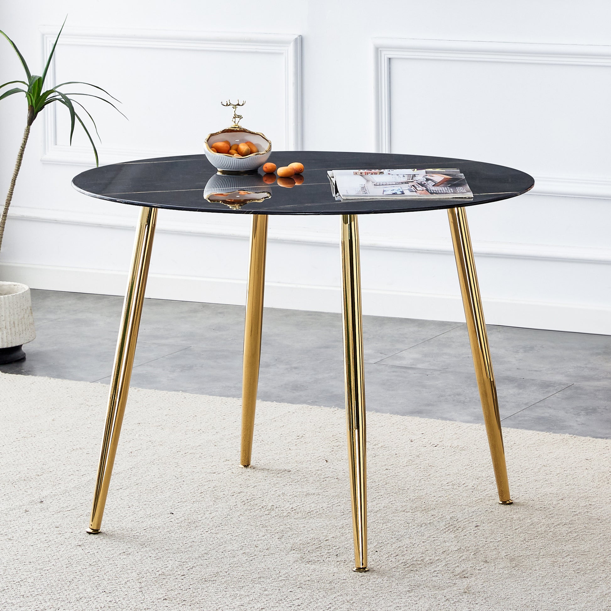 A Modern Minimalist Circular Dining Table With A Diameter Of 40 Inches, A 0.3 Inch Thick Black Imitation Marble Tabletop And Gold Plated Metal Legs, 40 '' * 40 '' * 30'' Dt 1164 Black Glass