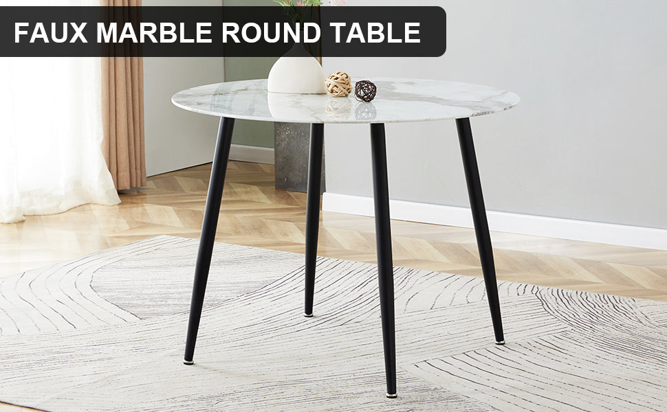 A Modern Minimalist Circular Dining Table With A Diameter Of 40 Inches, A 0.3 Inch Thick Imitation Marble Pattern Tabletop And Black Metal Legs 40 '* 40' * 30 'Dt 1164 White Glass