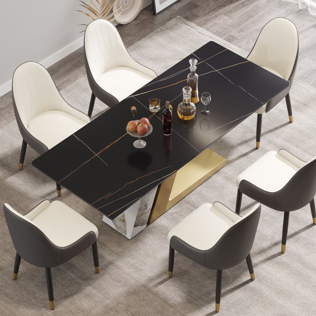 78.74"Modern Artificial Stone Black Straight Panel, Golden White Metal Legs Can Accommodate 8 People. Not Including Chairs Black Dining Room Metal Sintered Stone