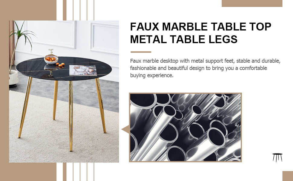 A Modern Minimalist Circular Dining Table With A Diameter Of 40 Inches, A 0.3 Inch Thick Black Imitation Marble Tabletop And Gold Plated Metal Legs, 40 '' * 40 '' * 30'' Dt 1164 Black Glass