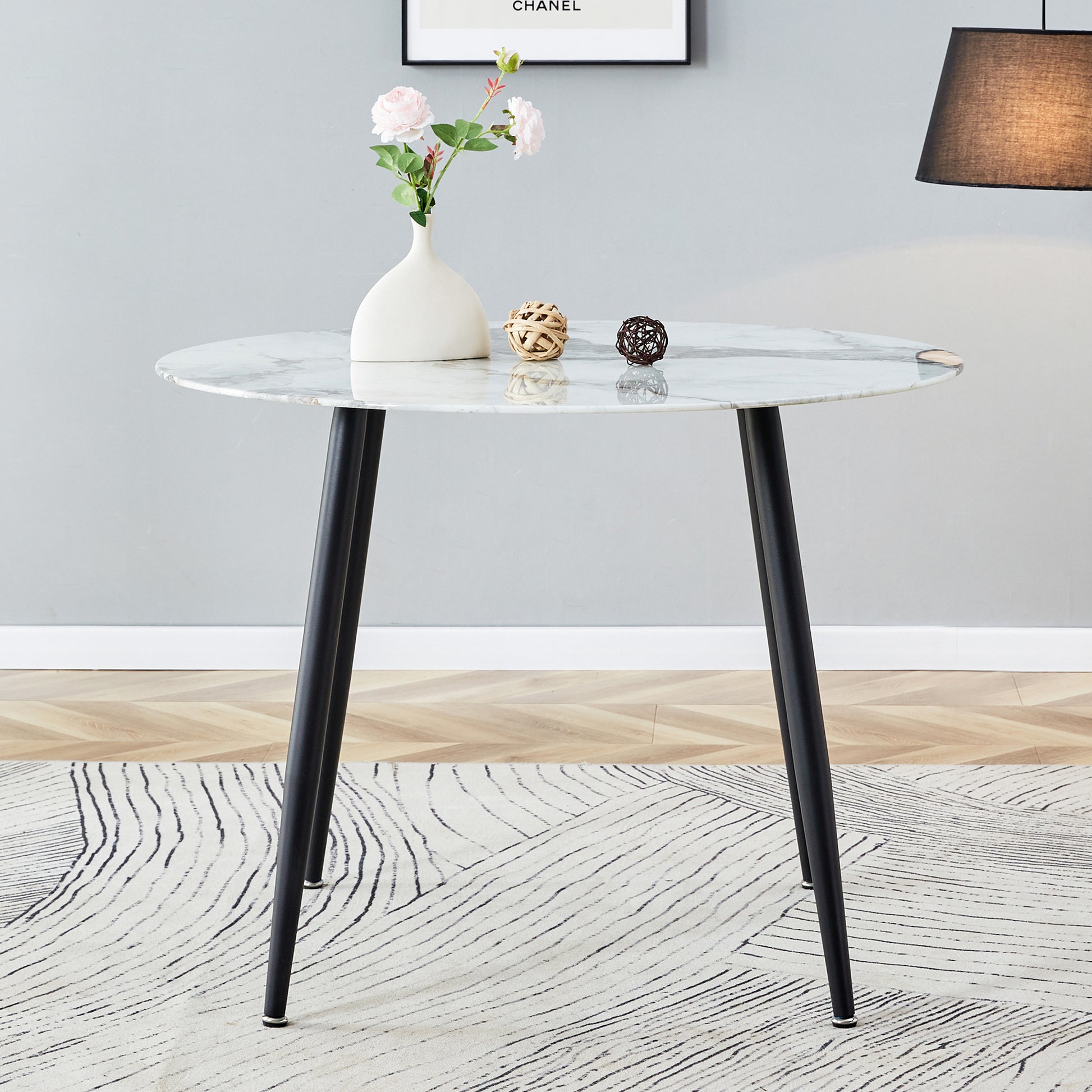 A Modern Minimalist Circular Dining Table With A Diameter Of 40 Inches, A 0.3 Inch Thick Imitation Marble Pattern Tabletop And Black Metal Legs 40 '* 40' * 30 'Dt 1164 White Glass