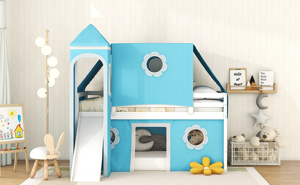 Twin Size Loft Bed With Slide Blue Tent And Tower Blue Twin Blue Solid Wood Mdf