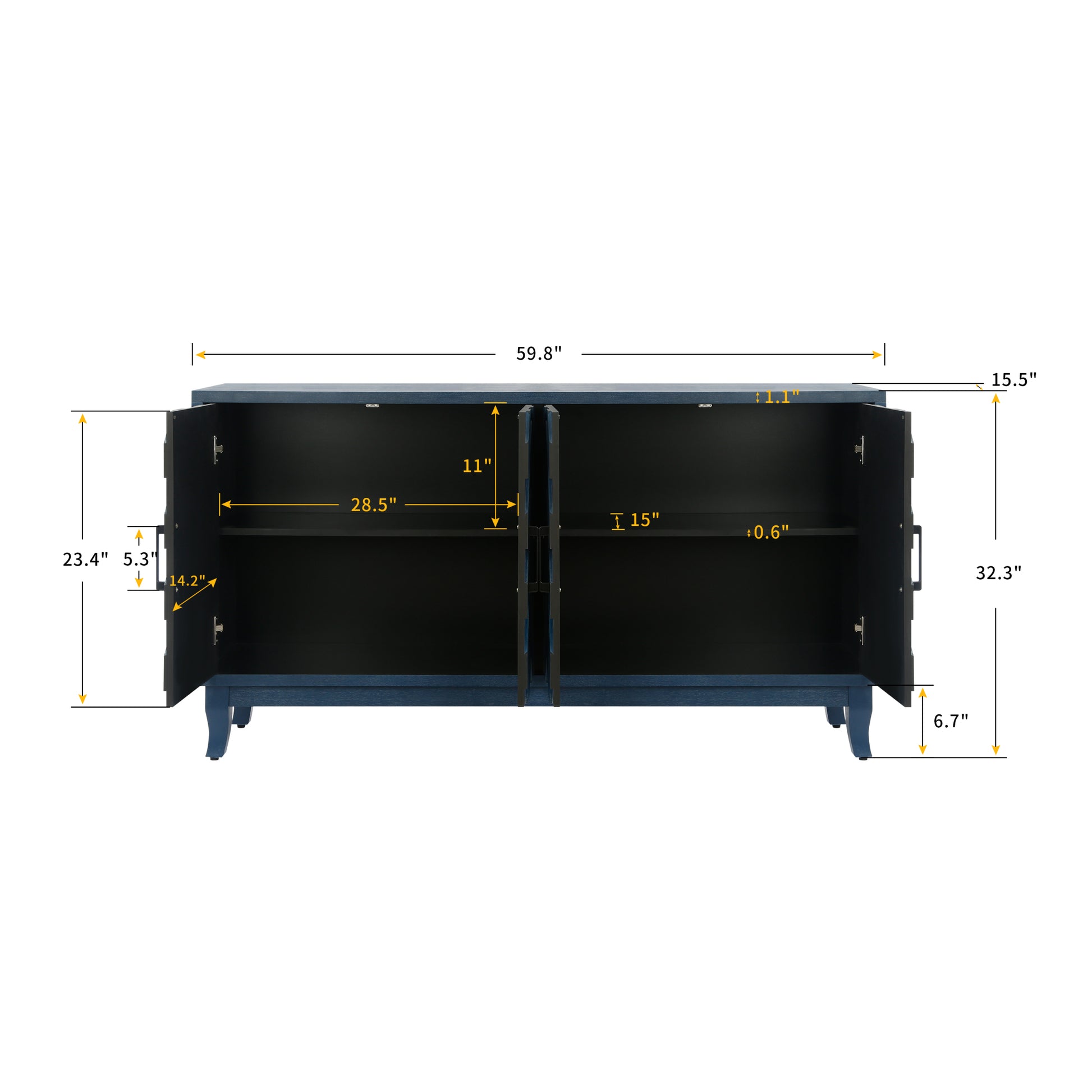 Stronger Vintage Style Buffet Cabinet, Lacquered Accent Storage 4 Door Wooden Antique Navy Blue Mdf Solid Wood Mdf