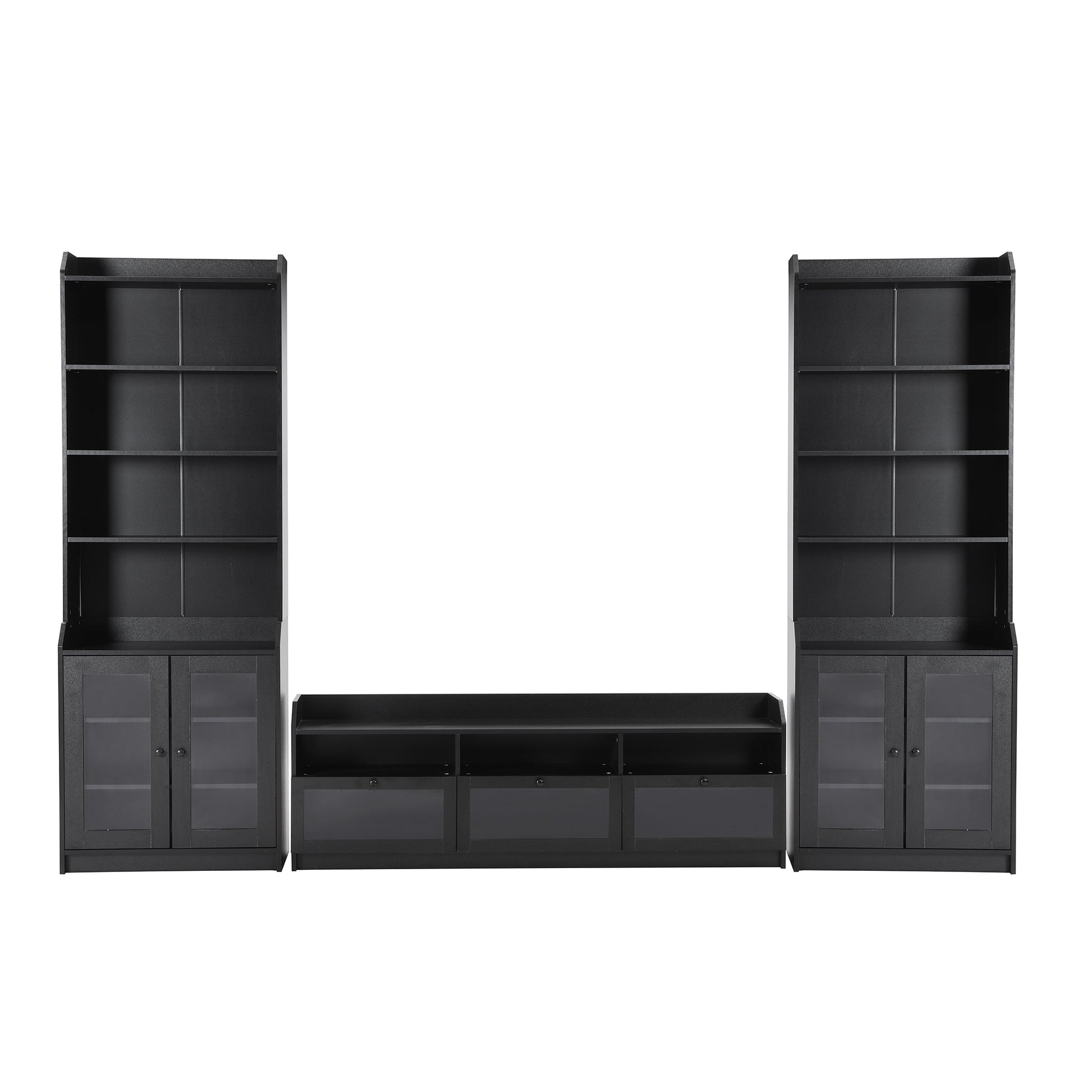 Chic Elegant Entertainment Wall Unit With Tall Cabinets, Modern Tv Console Table For Tvs Up To 65", Multifunctional Tv Stand Set With Acrylic Board Door, Black Black Primary Living Space 60 69 Inches 60 69 Inches 65 Inches Particle Board