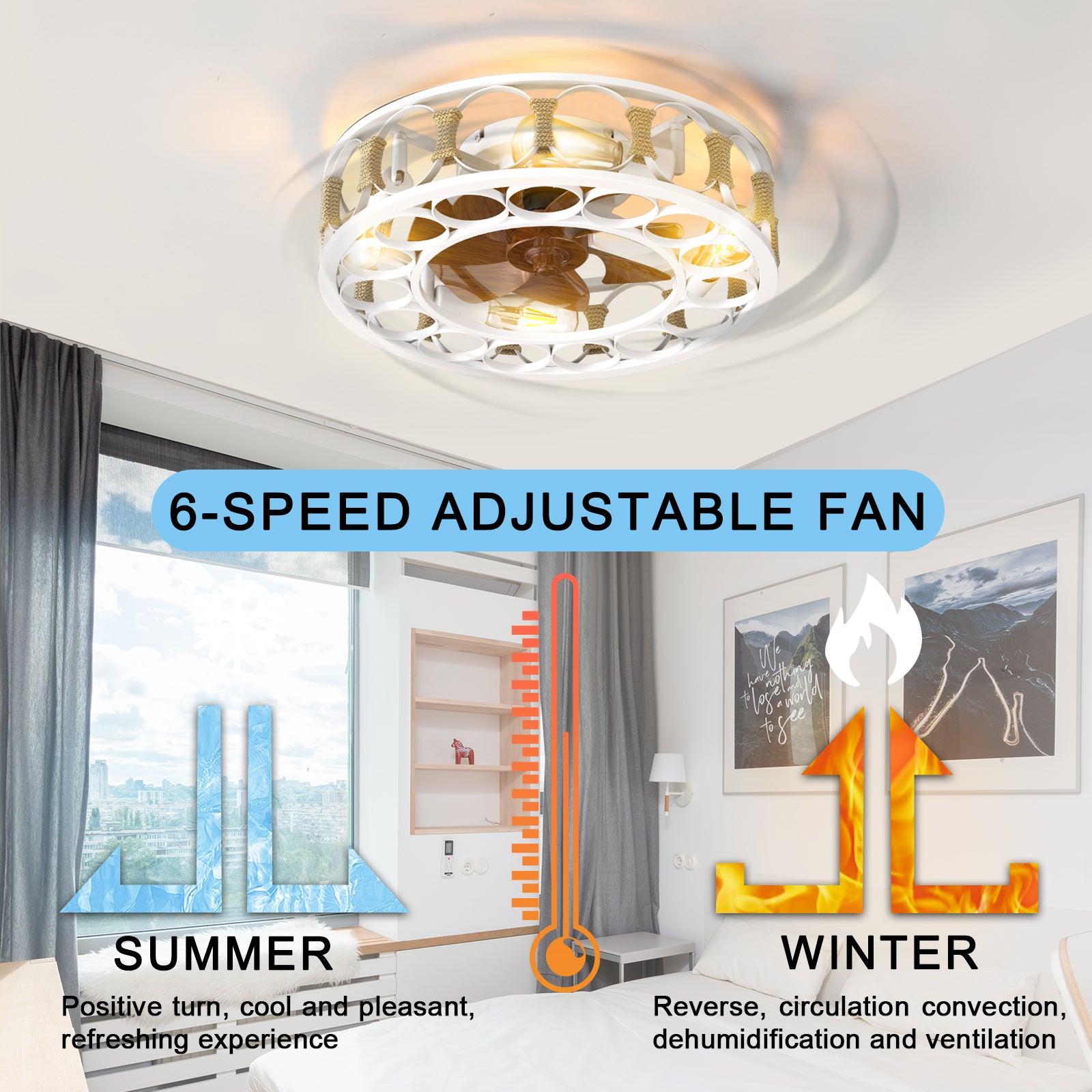 Caged Ceiling Fan With Lights Remote Control,Semi Embedded Modern Ceiling Fans, 6 Speeds Reversible Blades, 4 Led Bulbs Include White White Modern Abs Iron