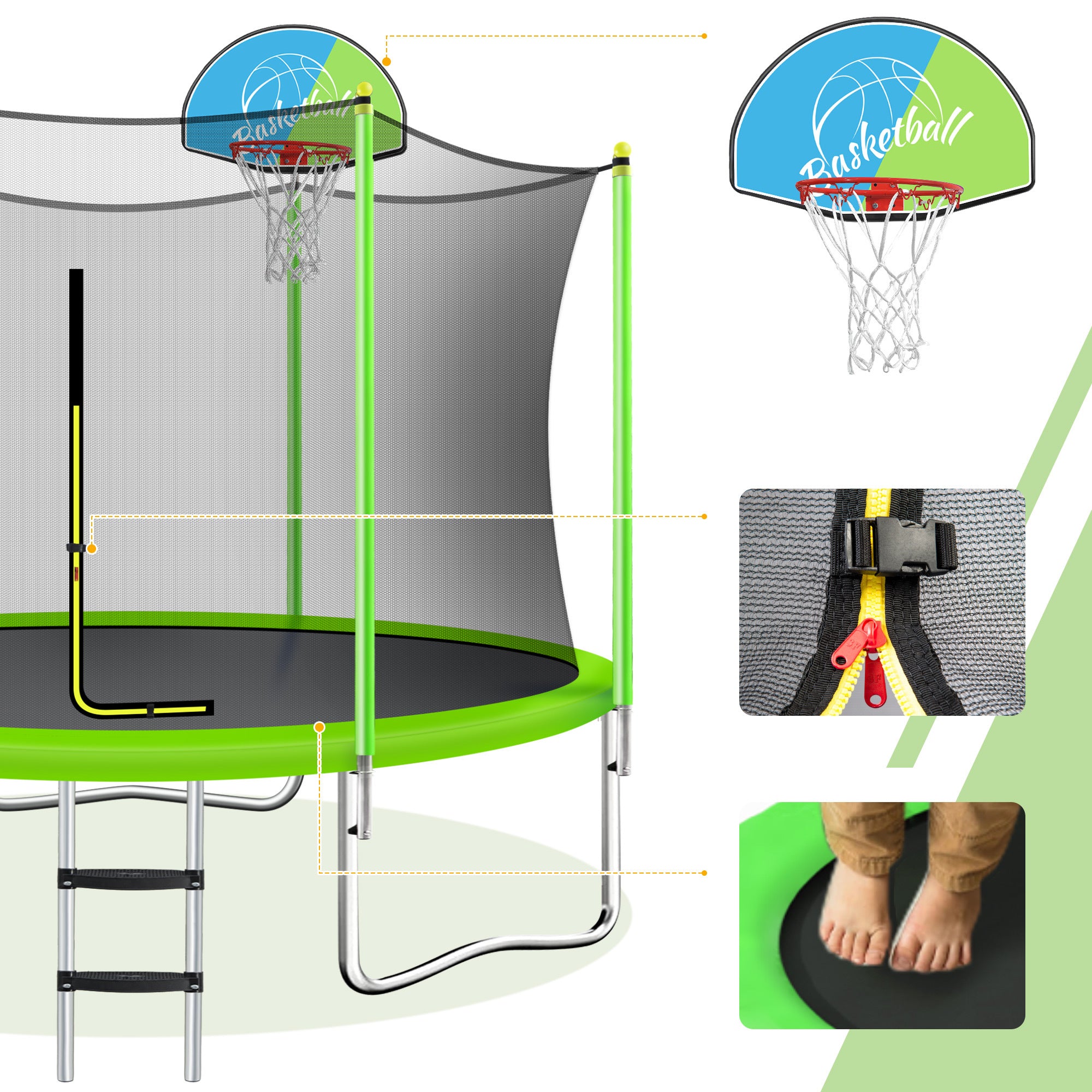 10FT Trampoline for Kids with Safety Enclosure Net green-metal