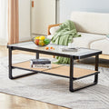 Modern Minimalist Rectangular Double Layer Black Solid Wood Imitation Rattan Coffee Table With A Chinese Style Side Table With Craft Glass Tabletop, Suitable For Living Rooms, Restaurants, Bedrooms Black Glass