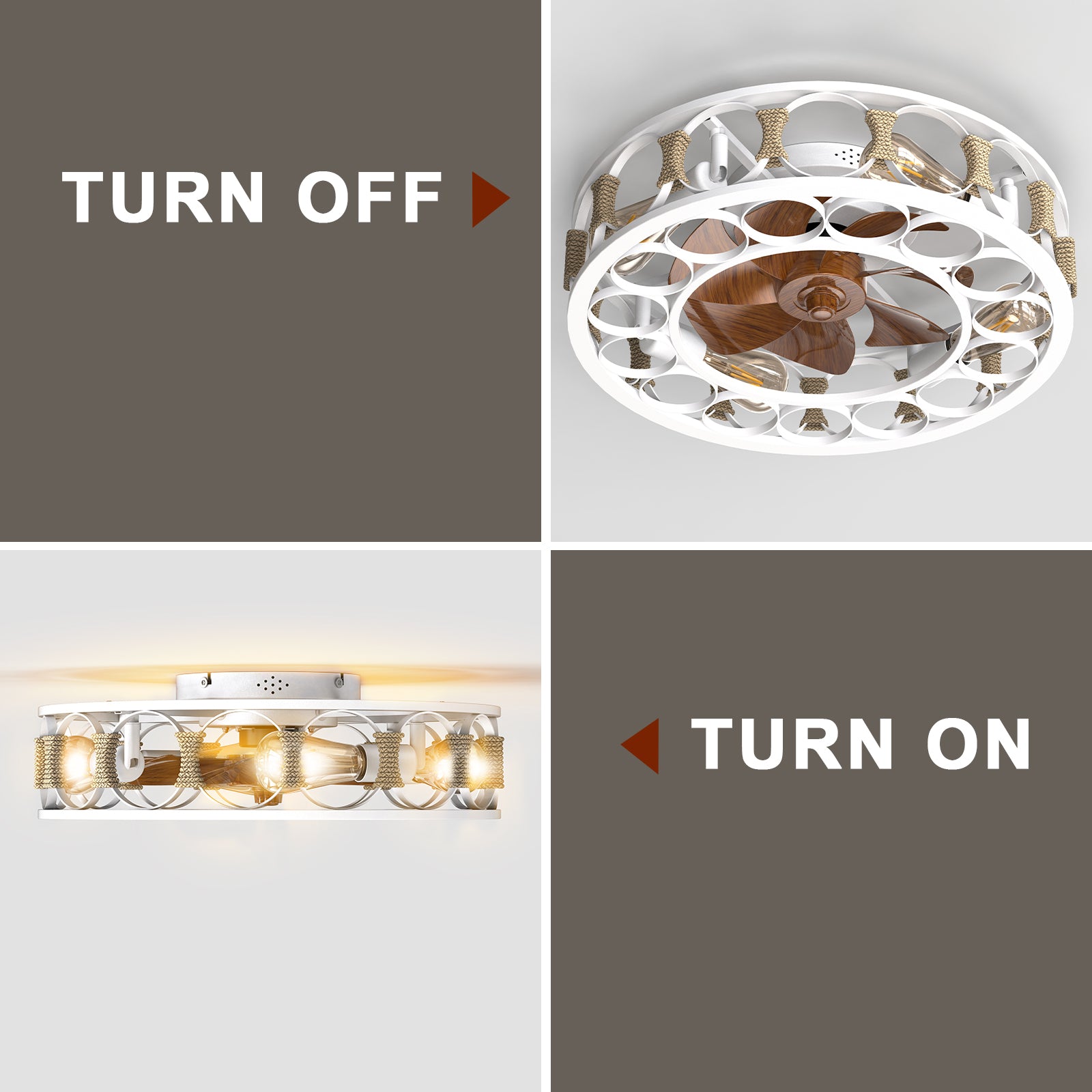 Caged Ceiling Fan With Lights Remote Control,Semi Embedded Modern Ceiling Fans, 6 Speeds Reversible Blades, 4 Led Bulbs Include White White Modern Abs Iron