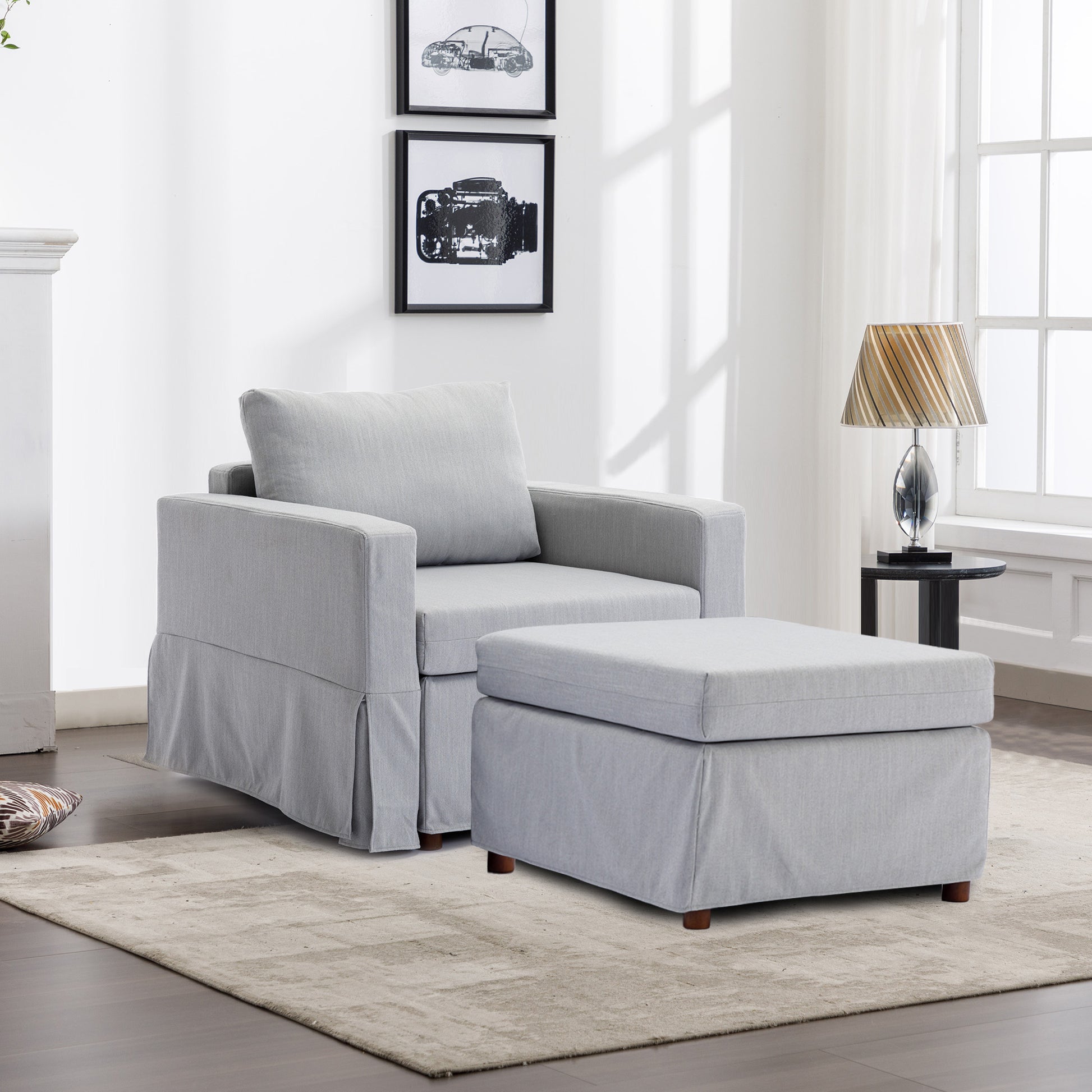 Single Seat Module Sofa Sectional Couch With 1 Ottoman,Cushion Covers Removable And Washable,Light Grey Light Grey Wood Primary Living Space Soft Modern Rubberwood Foam Linen 1 Seat