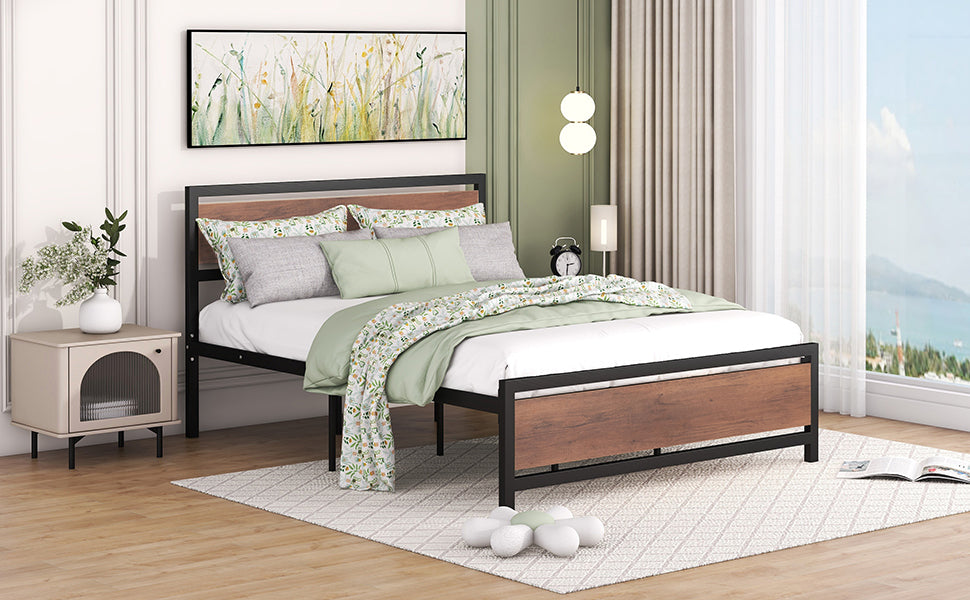 Queen Size Platform Bed, Metal And Wood Bed Frame With Headboard And Footboardblack Black Metal & Wood