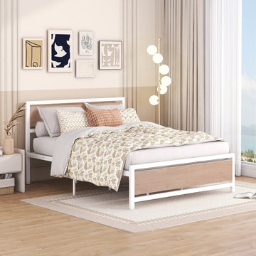 Queen Size Platform Bed, Metal And Wood Bed Frame With Headboard And Footboardwhite White Metal & Wood