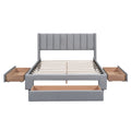 Queen Size Upholstered Platform Bed With One Large Drawer In The Footboard And Drawer On Each Side,Gray Box Spring Not Required Queen Gray Wood Bedroom Bed Frame Linen Upholstered
