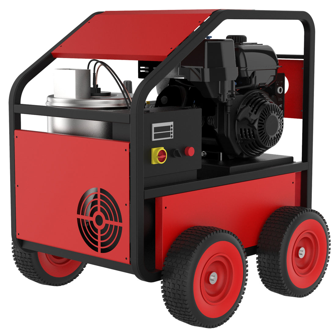 Commercial Hot Water Gas Oil Fired Pressure Washer, 3.5 Gpm, 4000 Psi, Kohler Engine, Direct Drive, Electric Start Red Aluminum