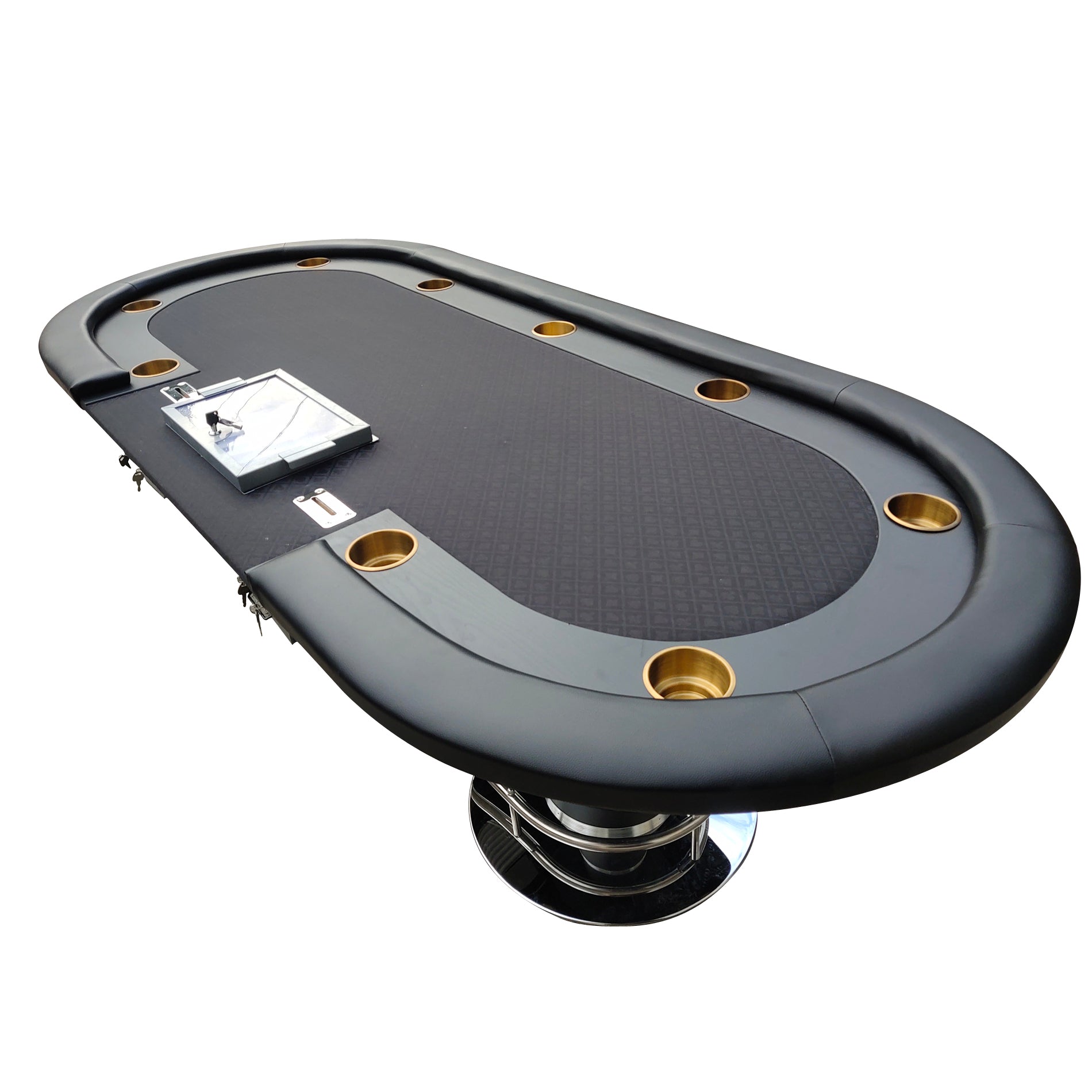 96" Oval Dark Knight Black Felt Poker Table With Metal Chip Tray Steel Drop Box Black Stainless Steel