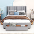 Queen Size Upholstered Platform Bed With One Large Drawer In The Footboard And Drawer On Each Side,Gray Box Spring Not Required Queen Gray Wood Bedroom Bed Frame Linen Upholstered